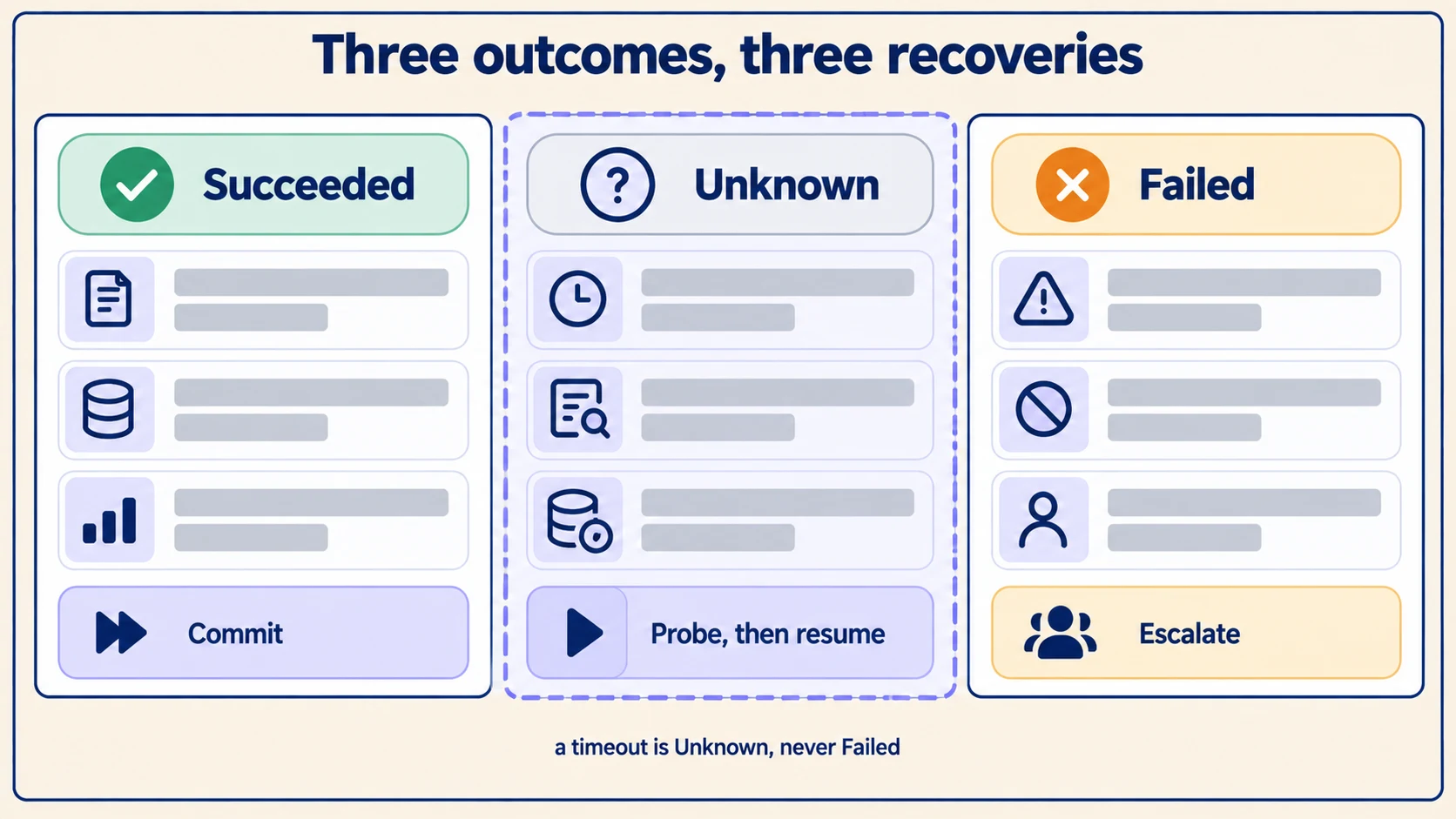 Three agent outcomes side by side - succeeded, unknown and failed - each with its own recovery: commit, probe then resume, and escalate.