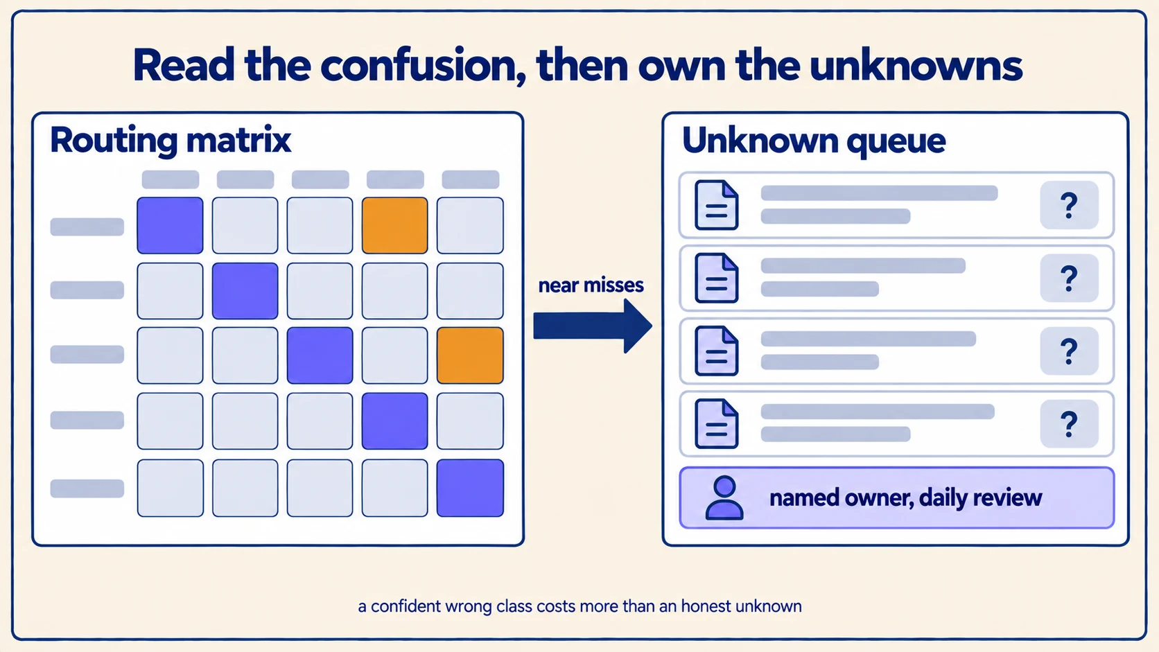 A five-by-five routing confusion matrix with two off-diagonal cells lit amber, feeding an unknown queue with a named owner and a daily review.