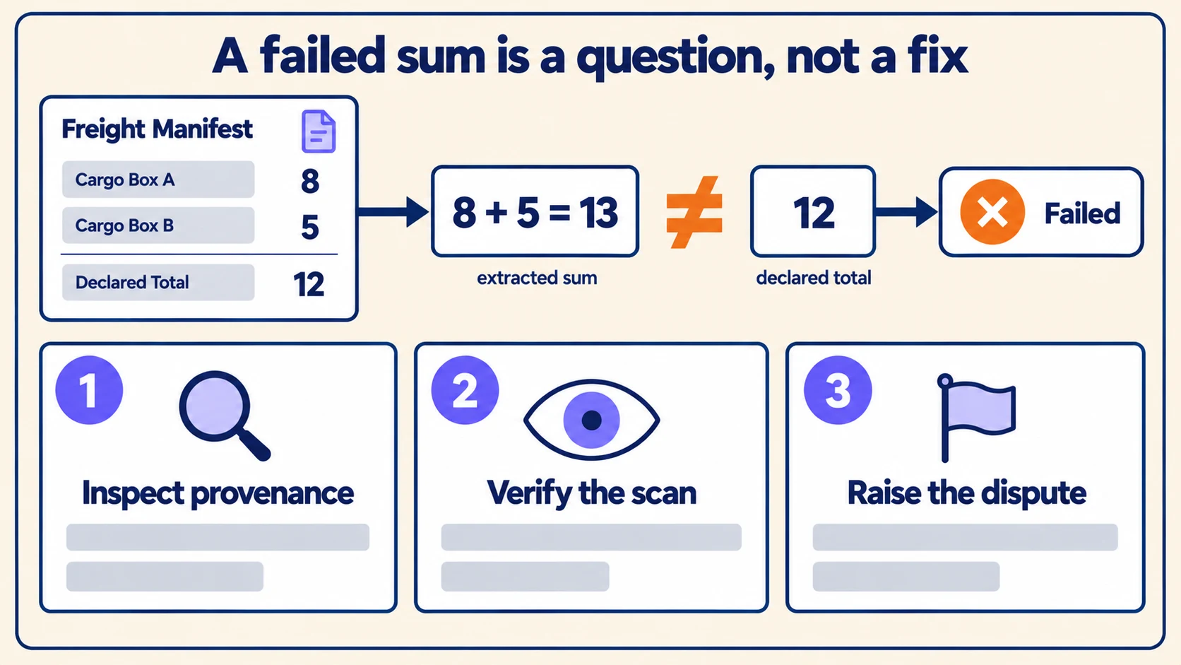 A freight manifest listing Cargo Box A as 8, Cargo Box B as 5 and a declared total of 12; the extracted sum of 8 + 5 = 13 sits against that declared 12 with a not-equals sign and a Failed chip, above the three triage cards: inspect provenance, verify the scan, raise the dispute.