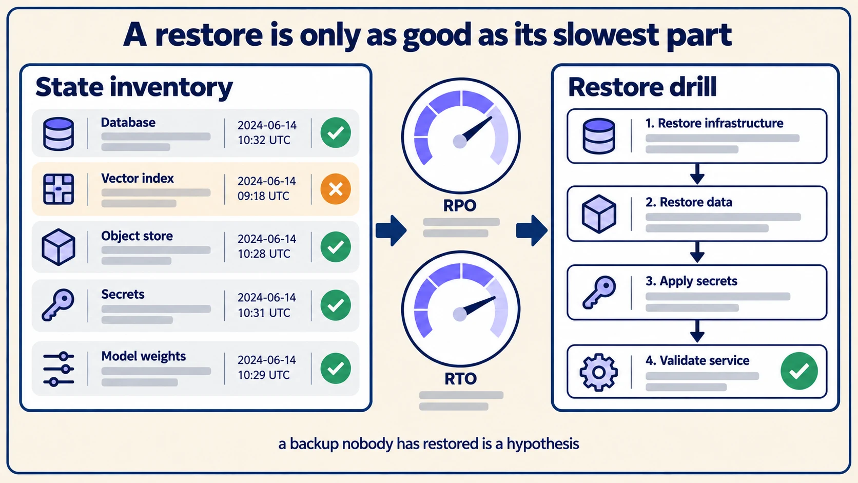 A private AI state inventory covering the database, vector index, model store, secrets and configuration, with recovery-point and recovery-time gauges and a restore drill.