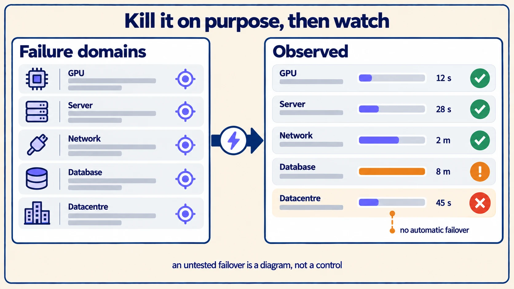 Five failure domains deliberately killed in a chaos drill, with observed recovery times and one domain that had no automatic failover at all.