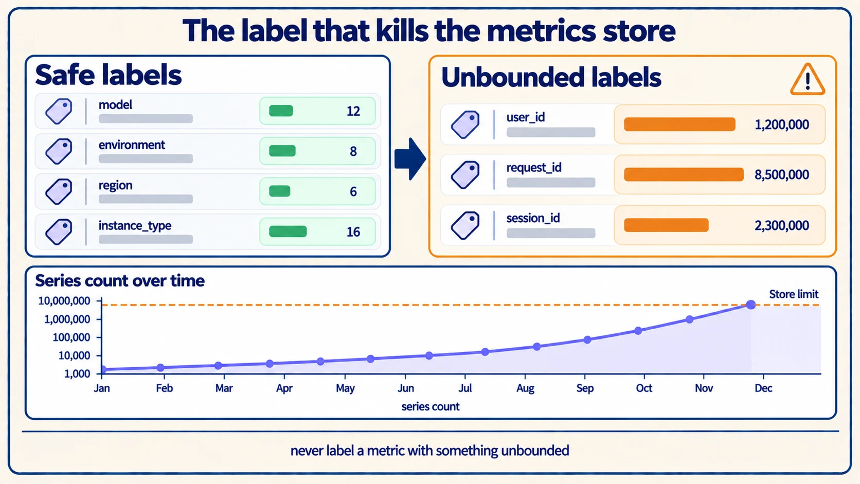 Bounded metric labels beside unbounded ones, and the series count climbing through the ceiling once an unbounded label is added.