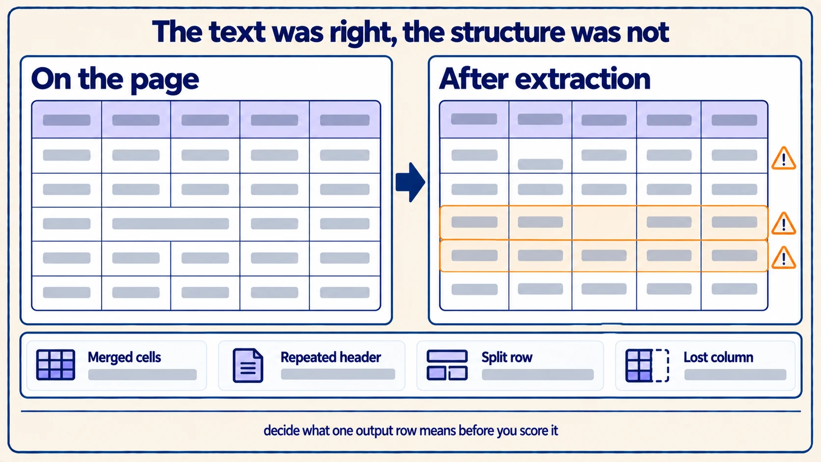 A clean table on the page beside its extraction, where a column has shifted, a merged cell has split and a row has broken - with every character read correctly.