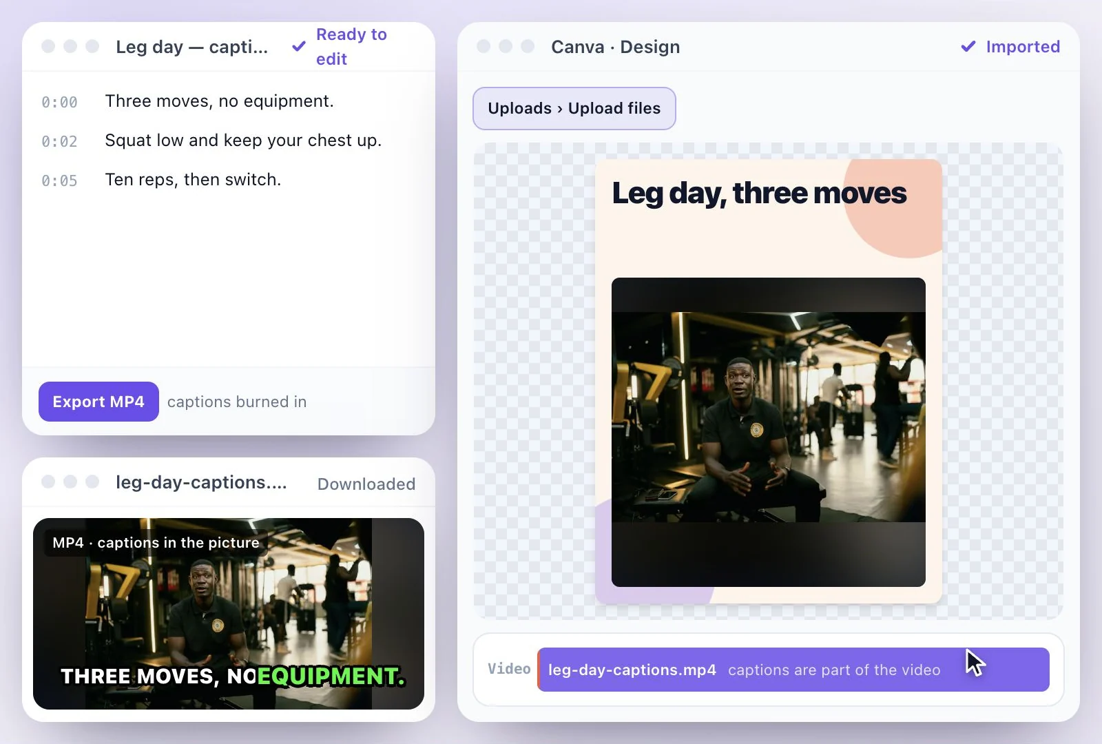 A captioned video dropped into a design canvas