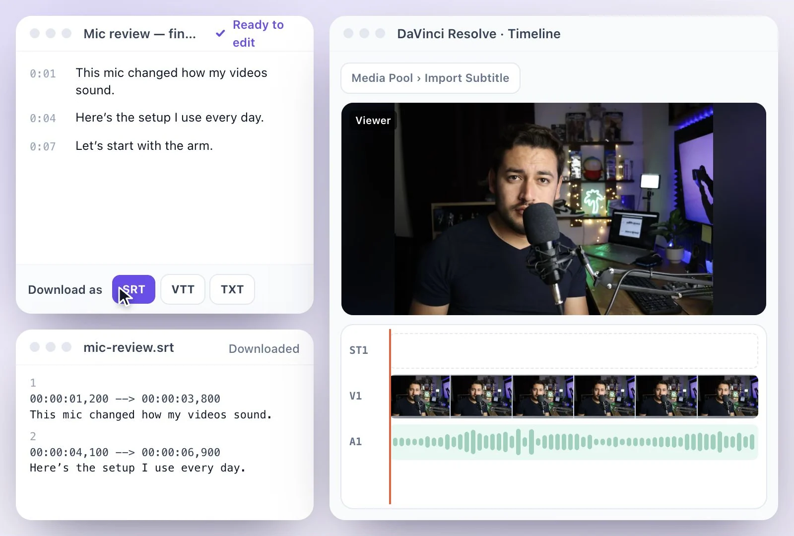 A transcript in Exemplary AI downloaded as an SRT file