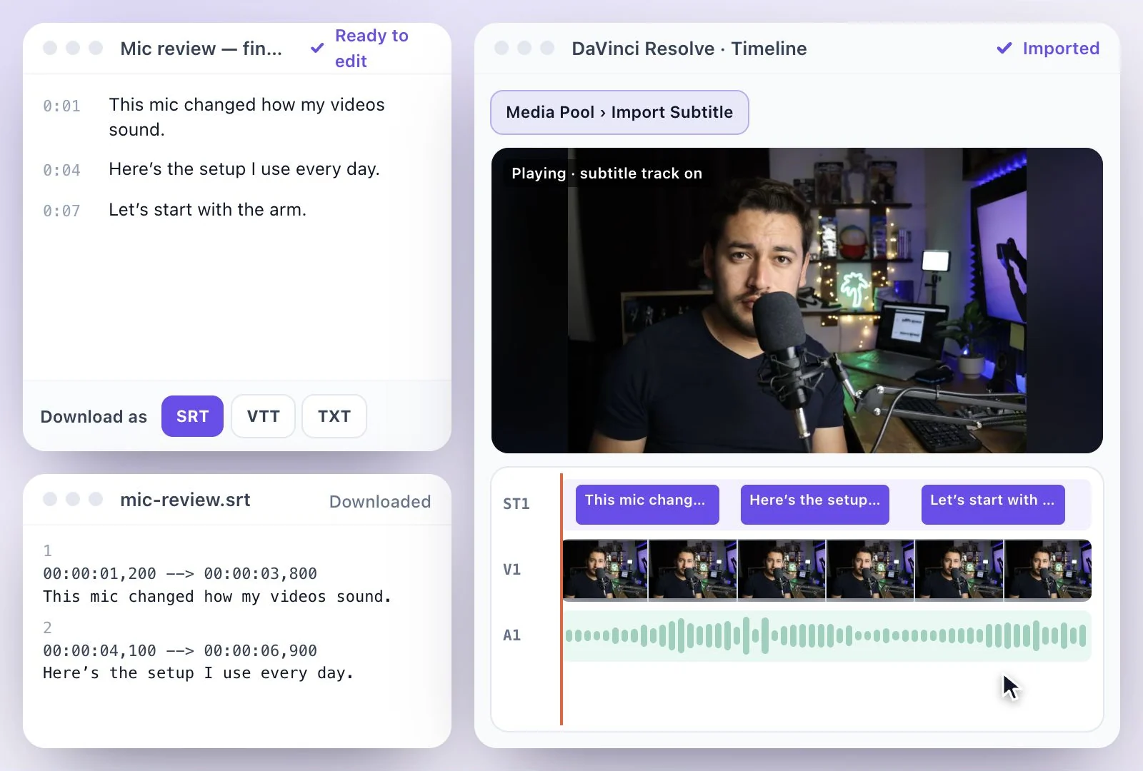 An SRT file landing on a subtitle track in a video editor timeline