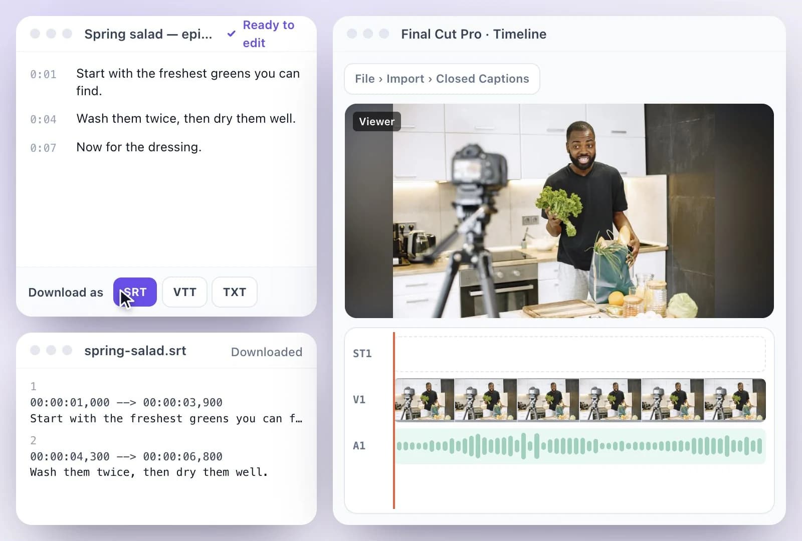 A transcript in Exemplary AI downloaded as an SRT file