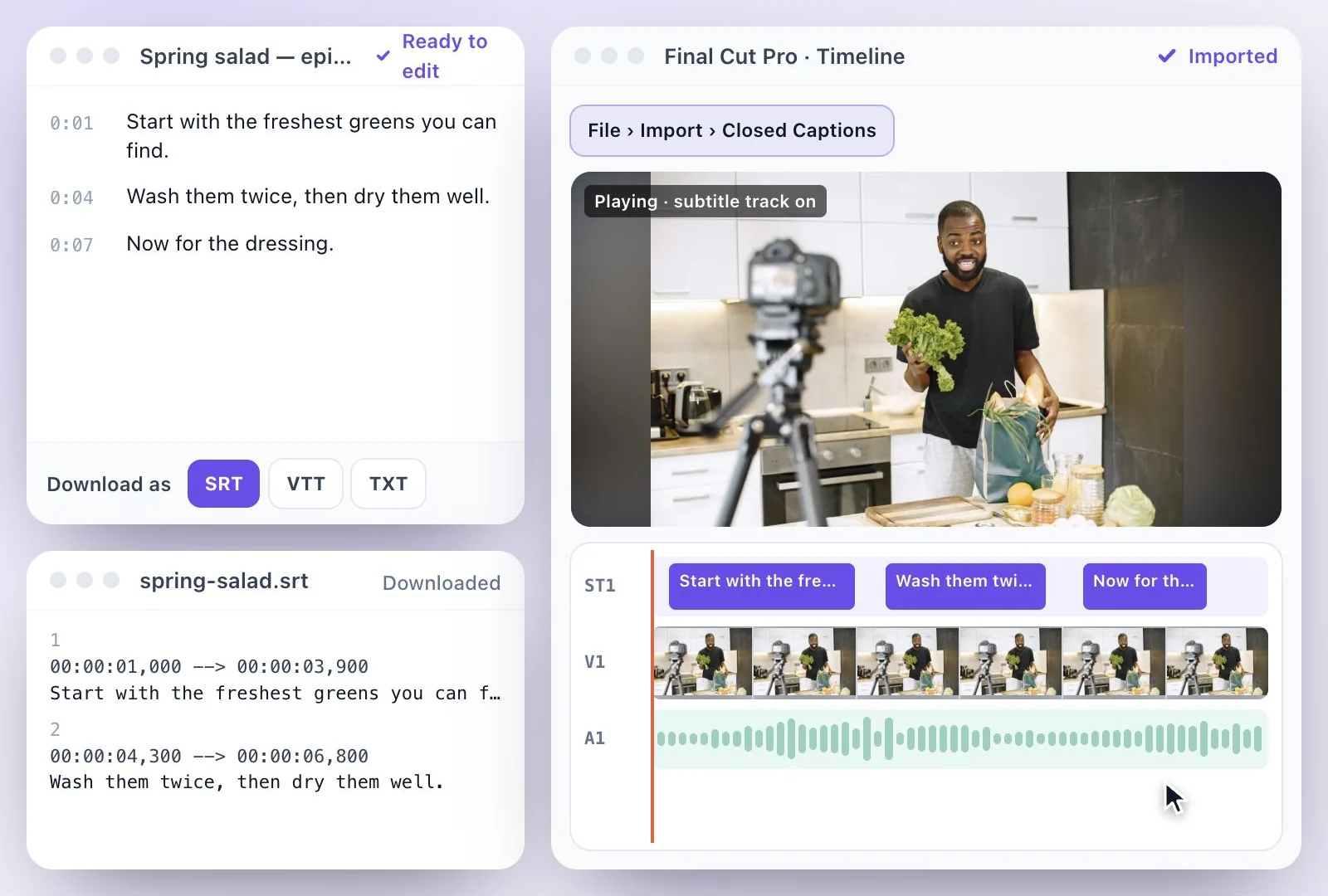 An SRT file landing on a caption lane in a video editor timeline
