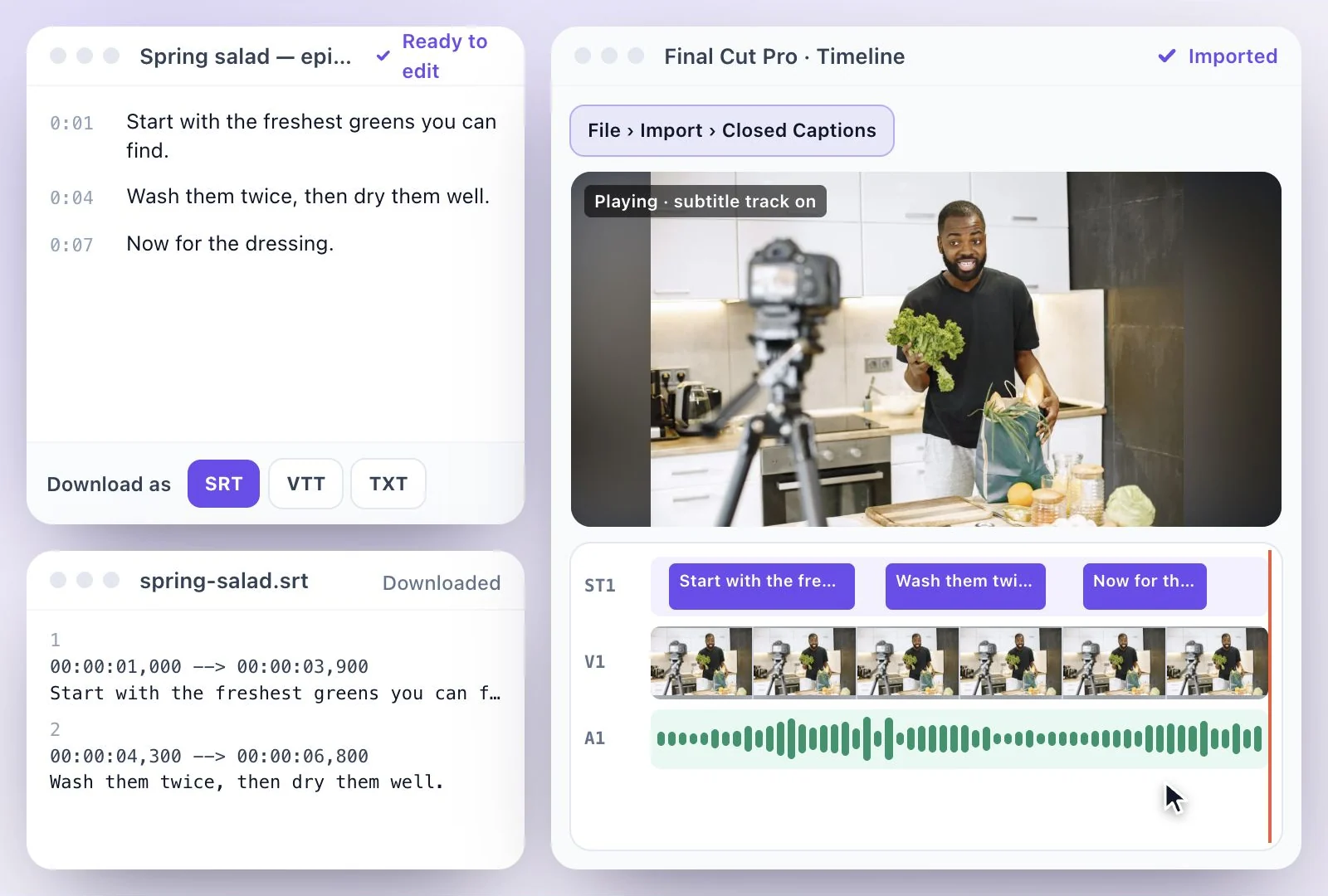 Captions playing over a cooking video in the editor viewer