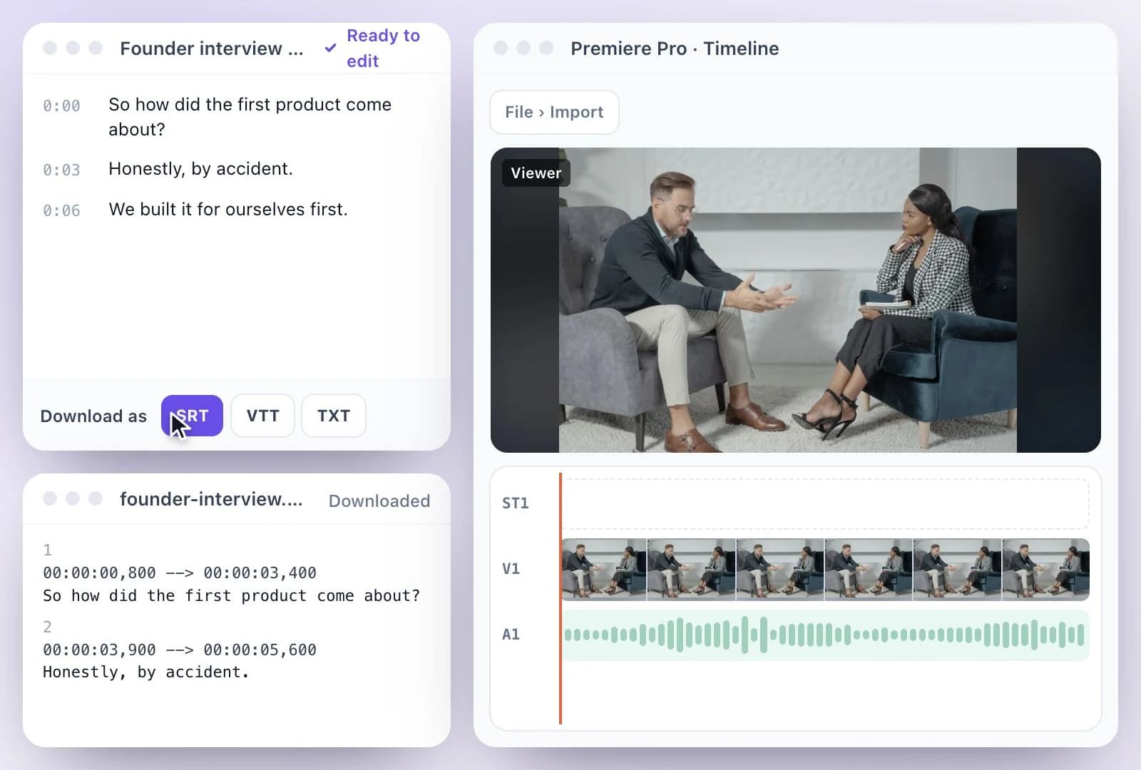 A transcript in Exemplary AI downloaded as an SRT file