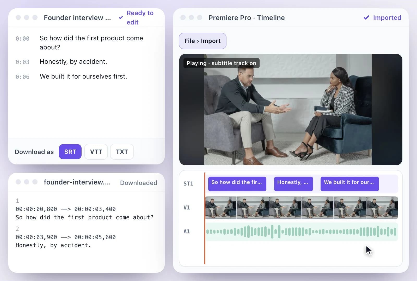 An SRT file landing on a caption track in a video editor timeline