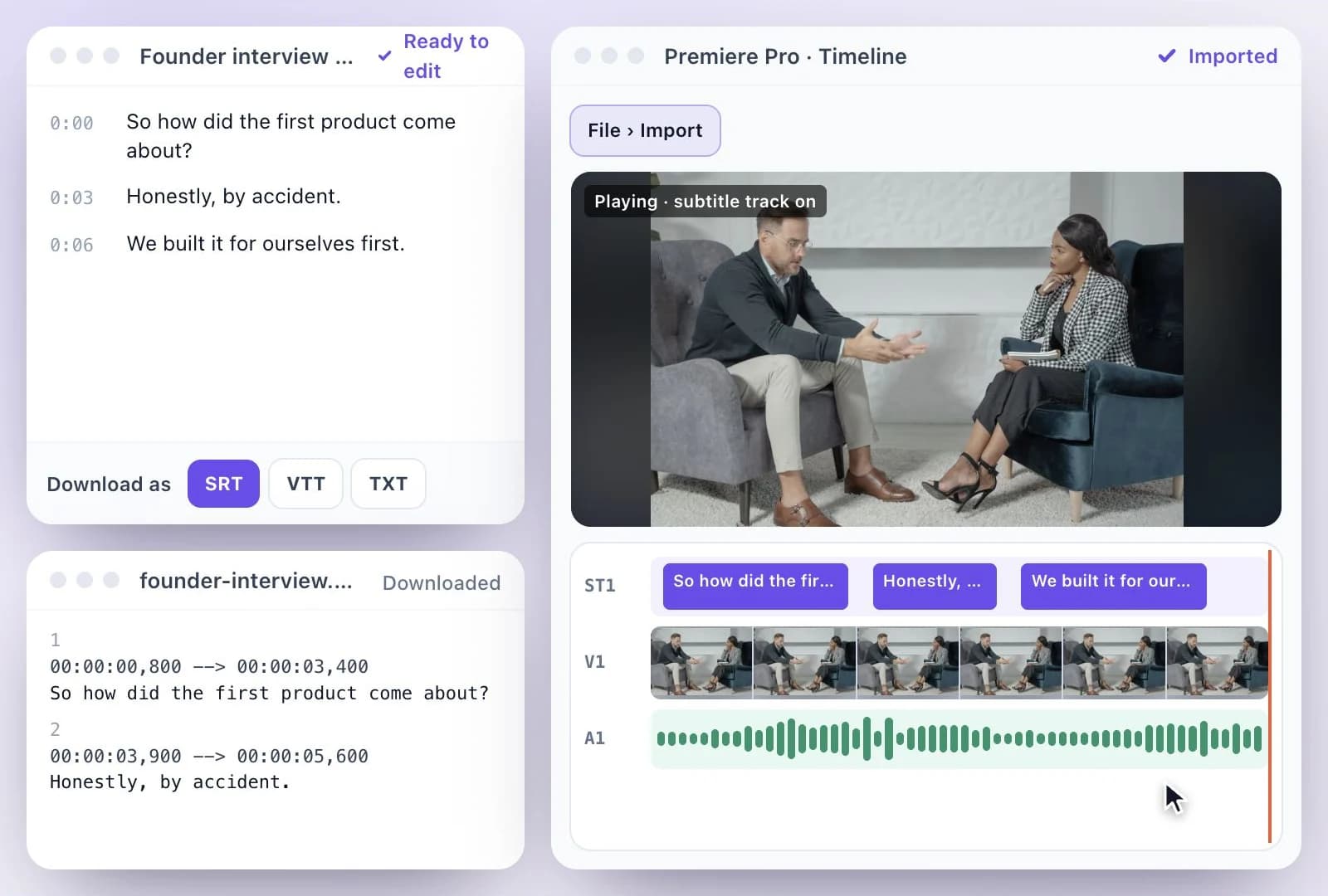 Captions playing over an interview in the editor viewer