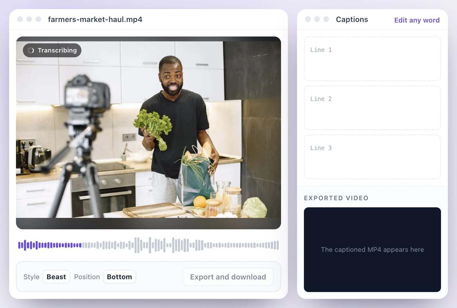 A cooking video being transcribed in Exemplary AI