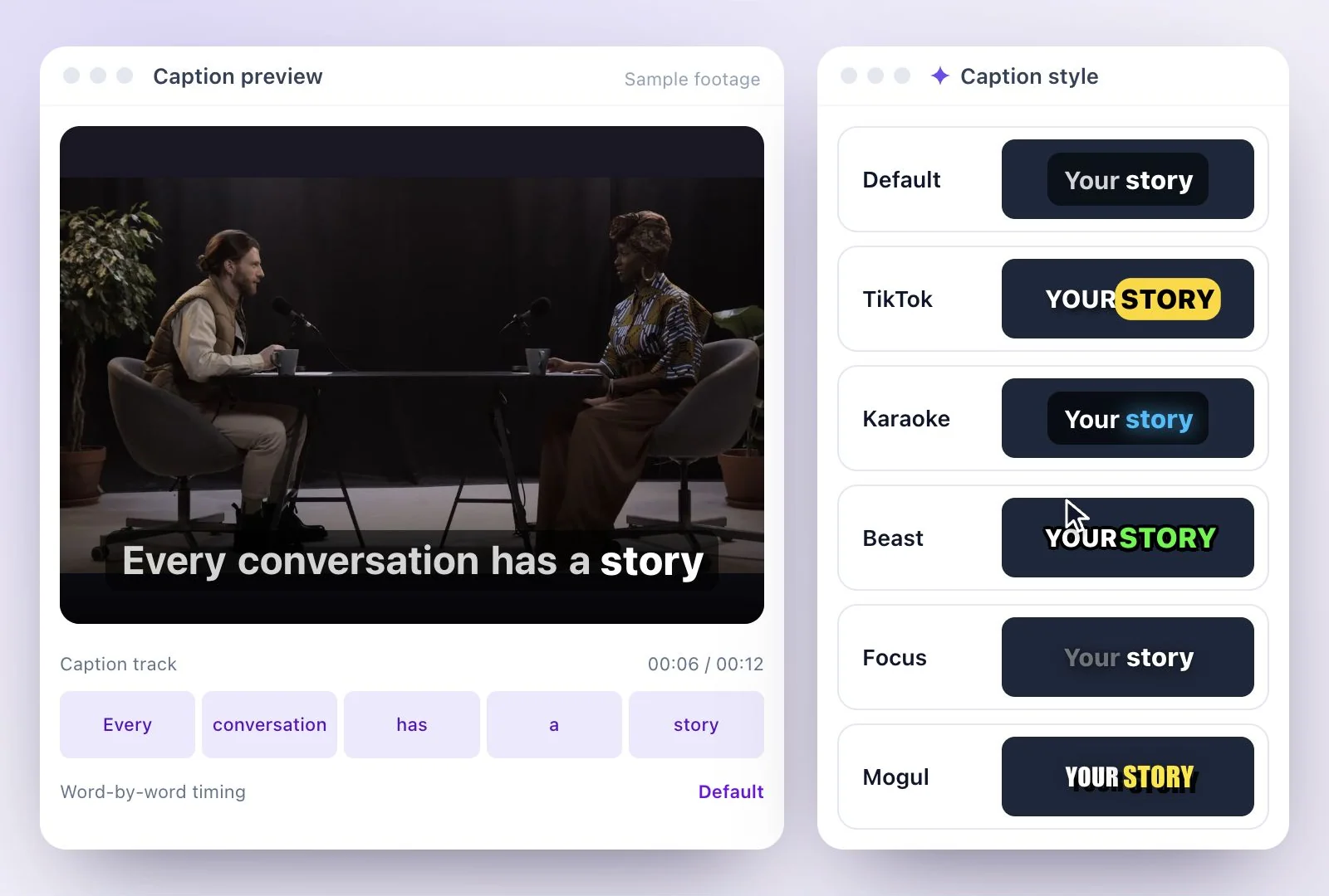 A vertical video with plain captions next to the caption style list