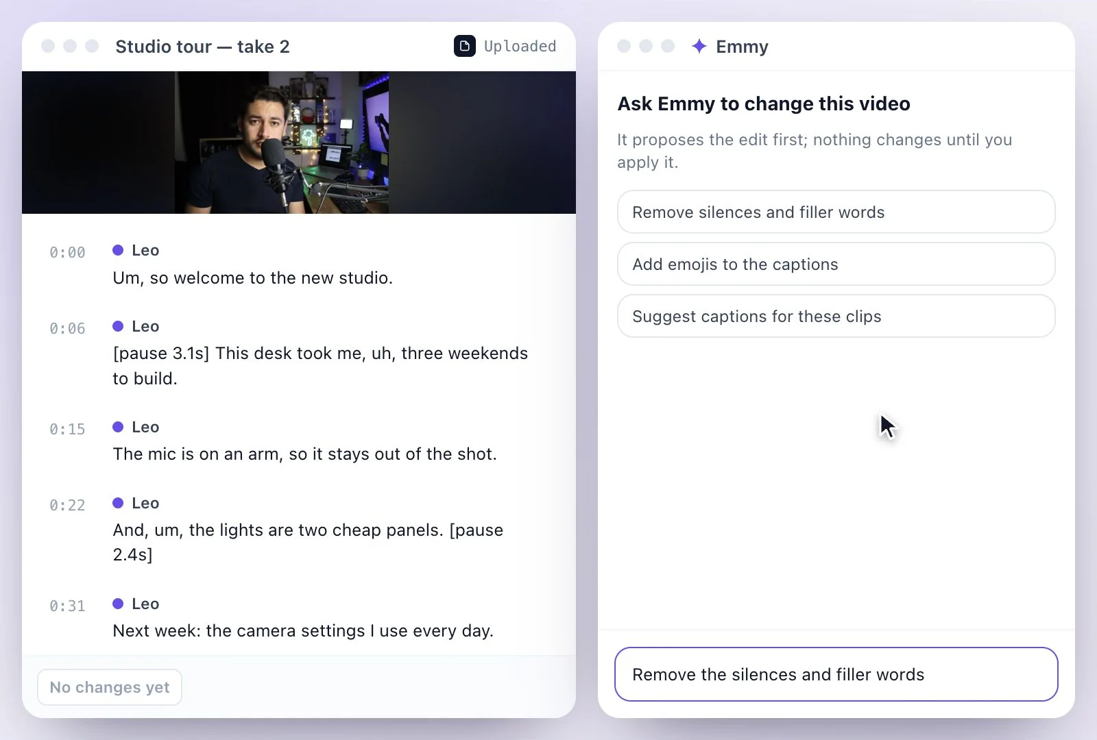 A request to remove silences and filler words typed to Emmy beside a transcript