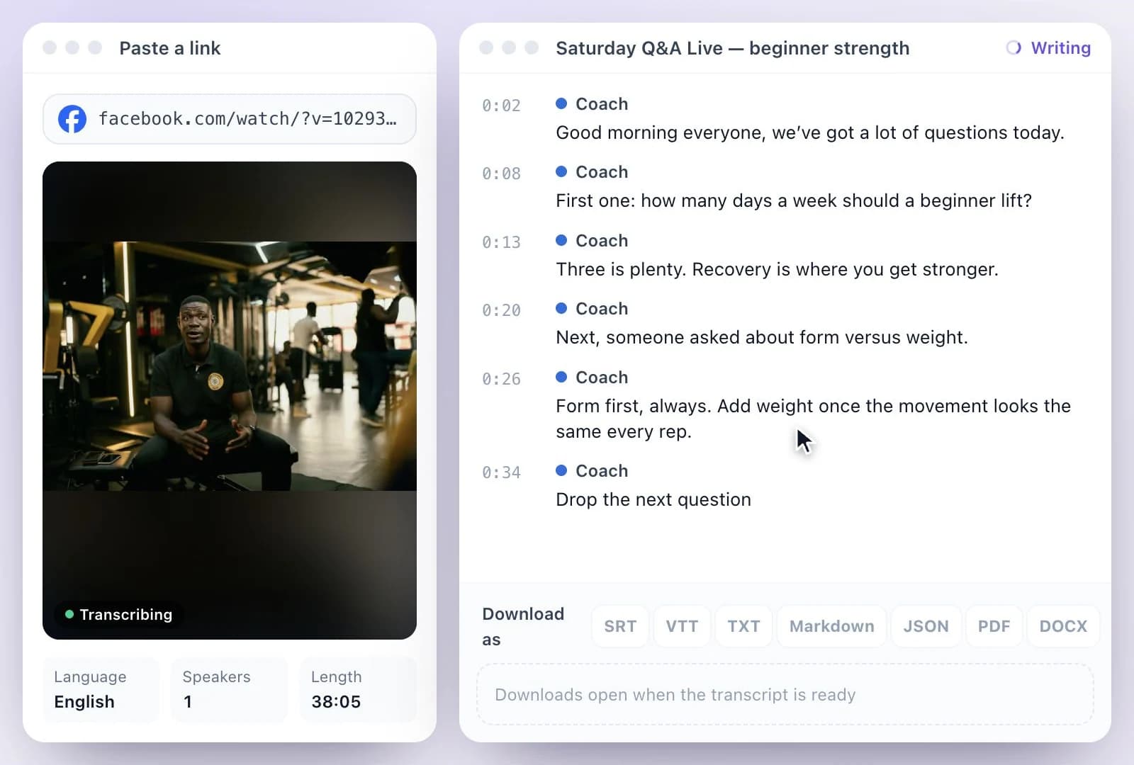 The Facebook Live transcript appearing line by line with timestamps