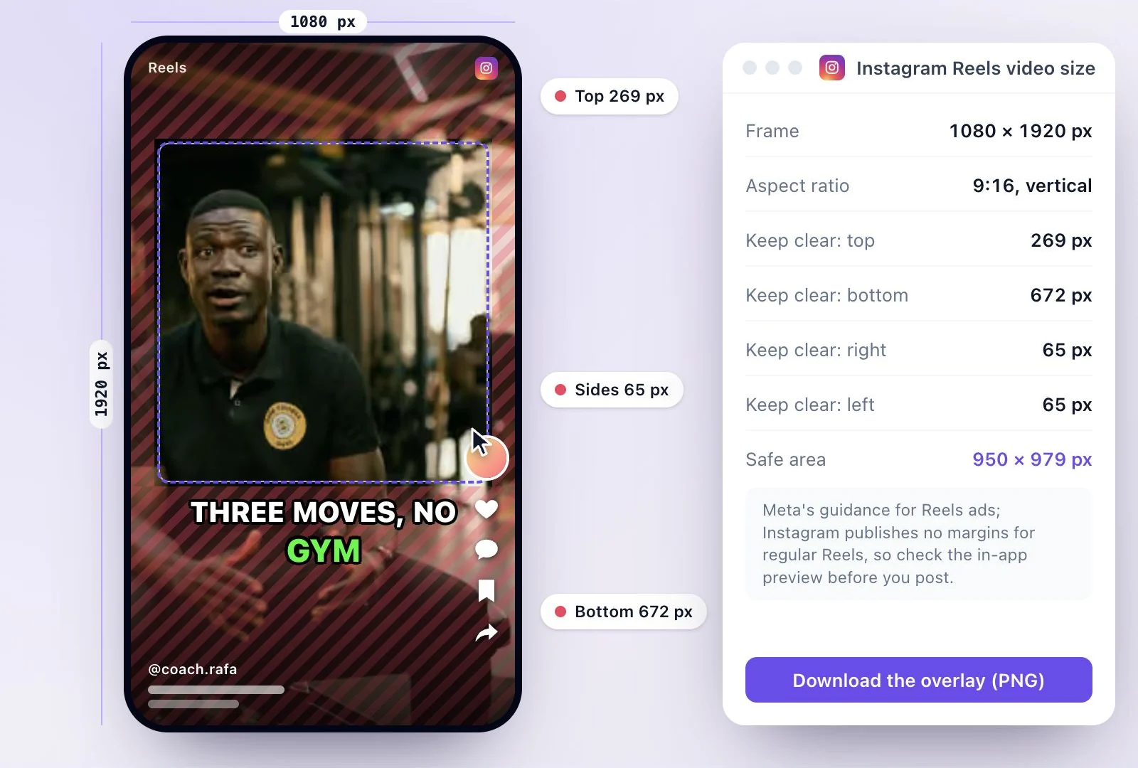Instagram's Reels interface over a vertical video, with the covered margins hatched