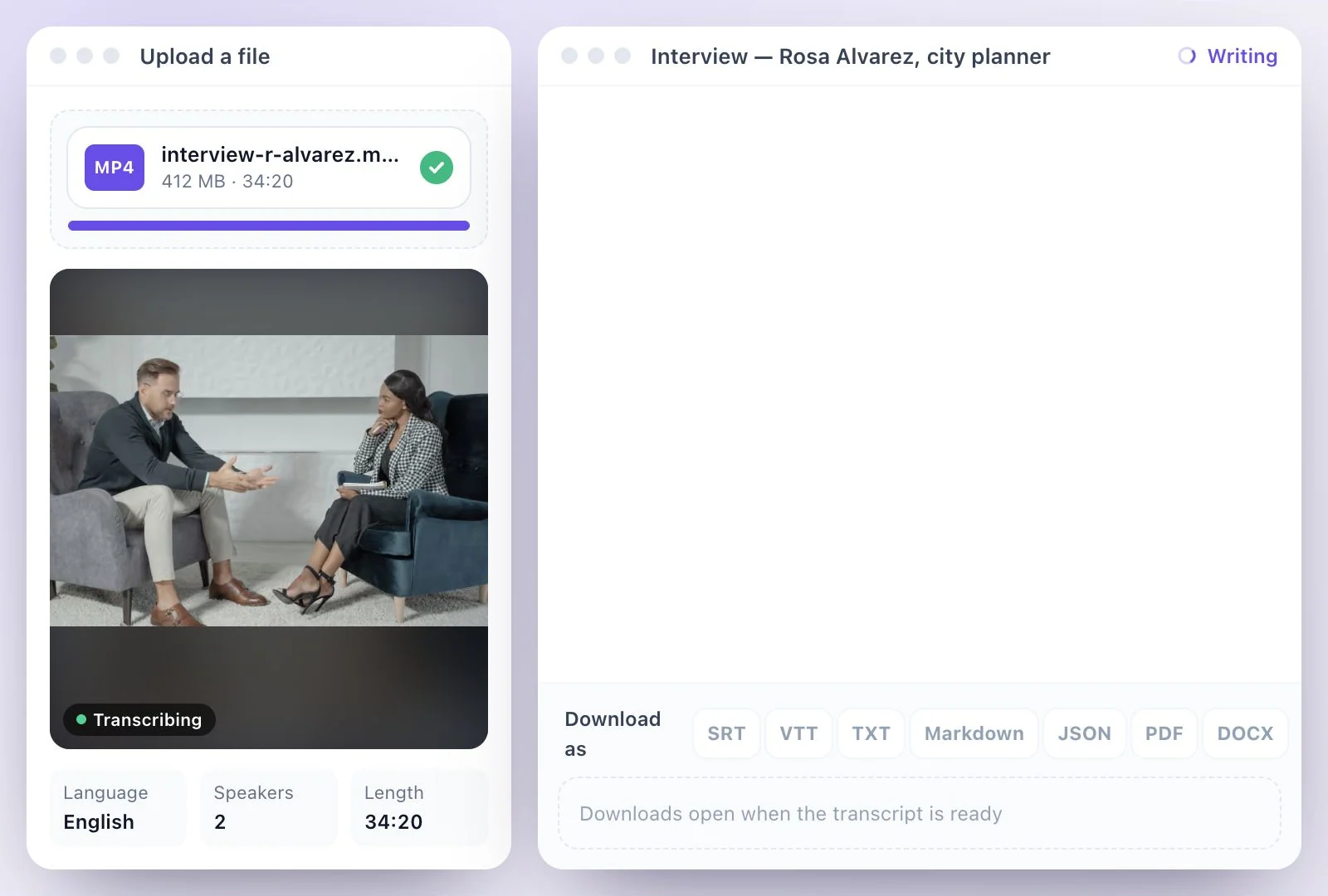 An interview video uploading to Exemplary AI