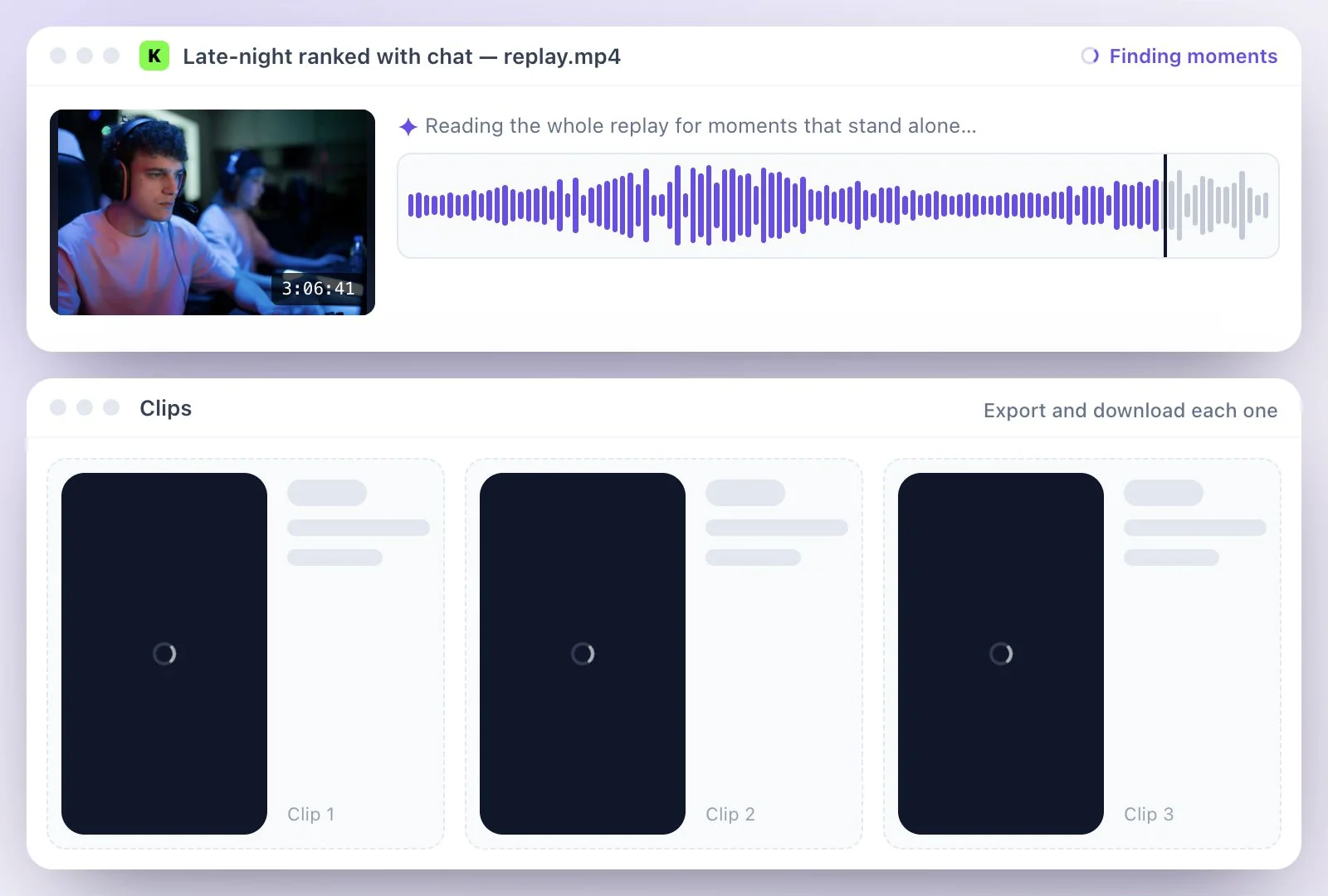A downloaded Kick stream file uploading to AI Clips