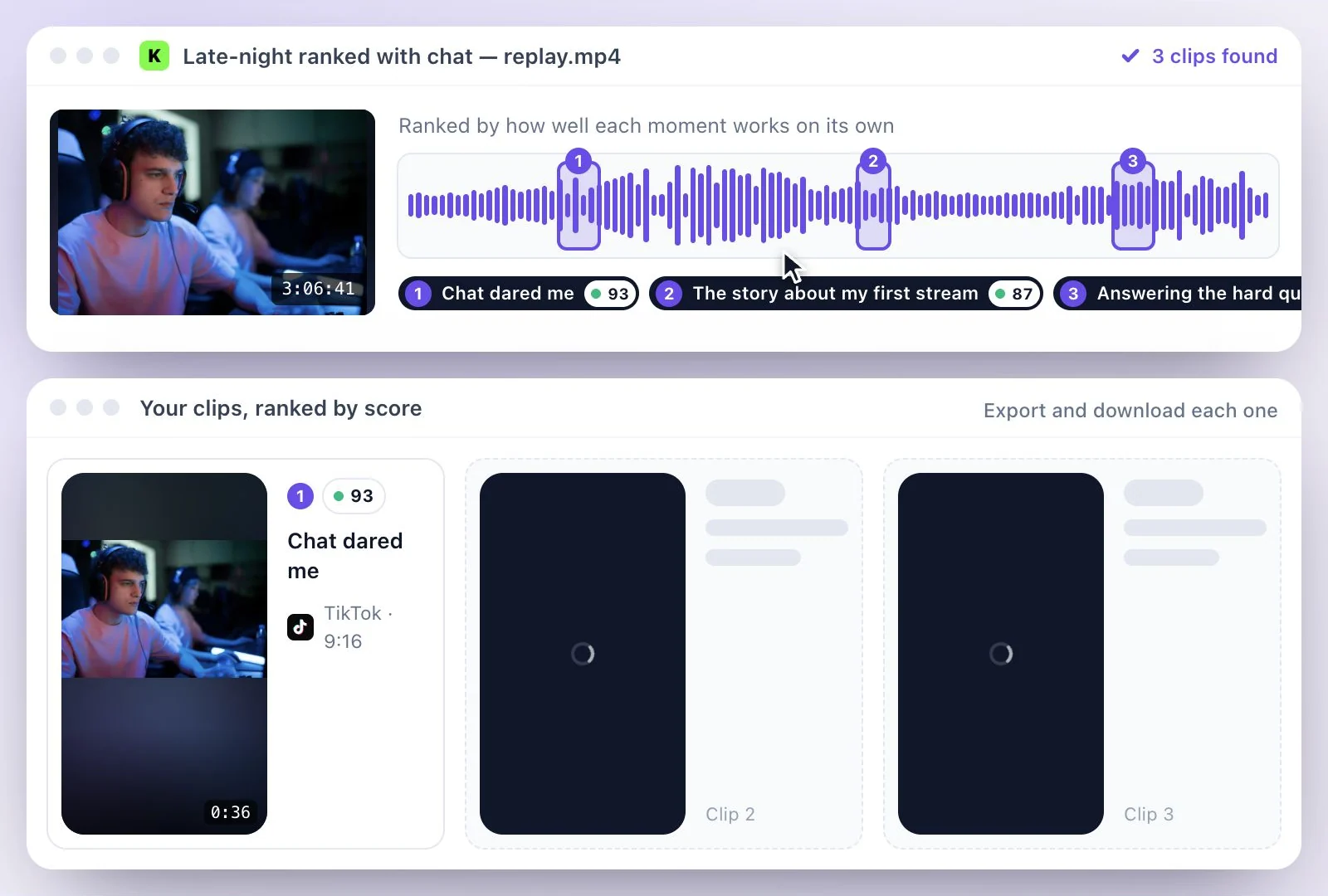 Vertical clips from a Kick stream, each with a virality score