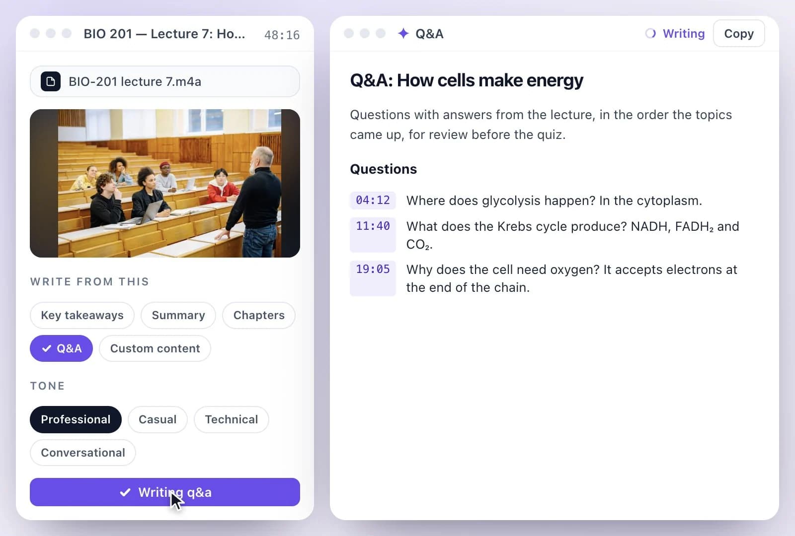 AI Writer with notes documents selected for a lecture