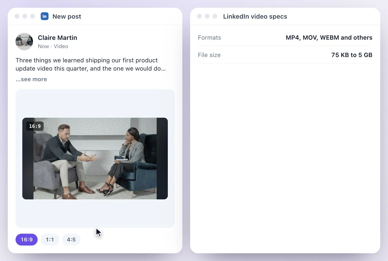 A LinkedIn post with its video switching between 16:9, 1:1 and 4:5