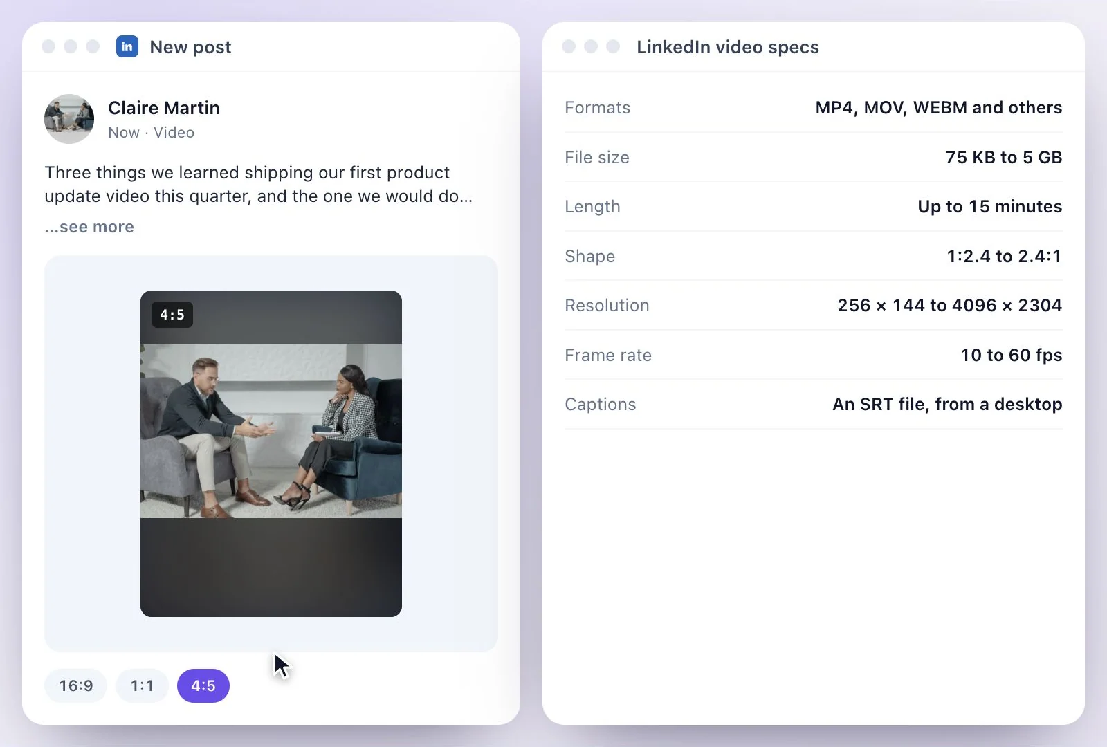 The LinkedIn video specs filling in beside the post