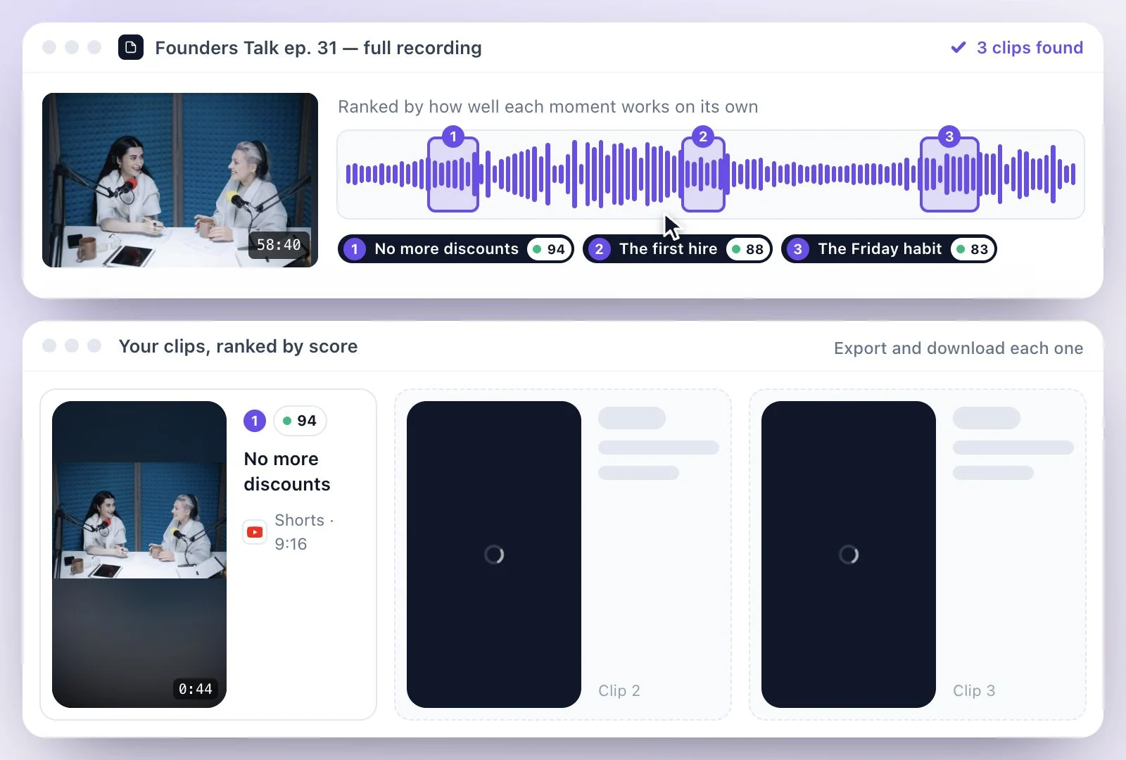 Short clips cut from one long recording, sorted by virality score