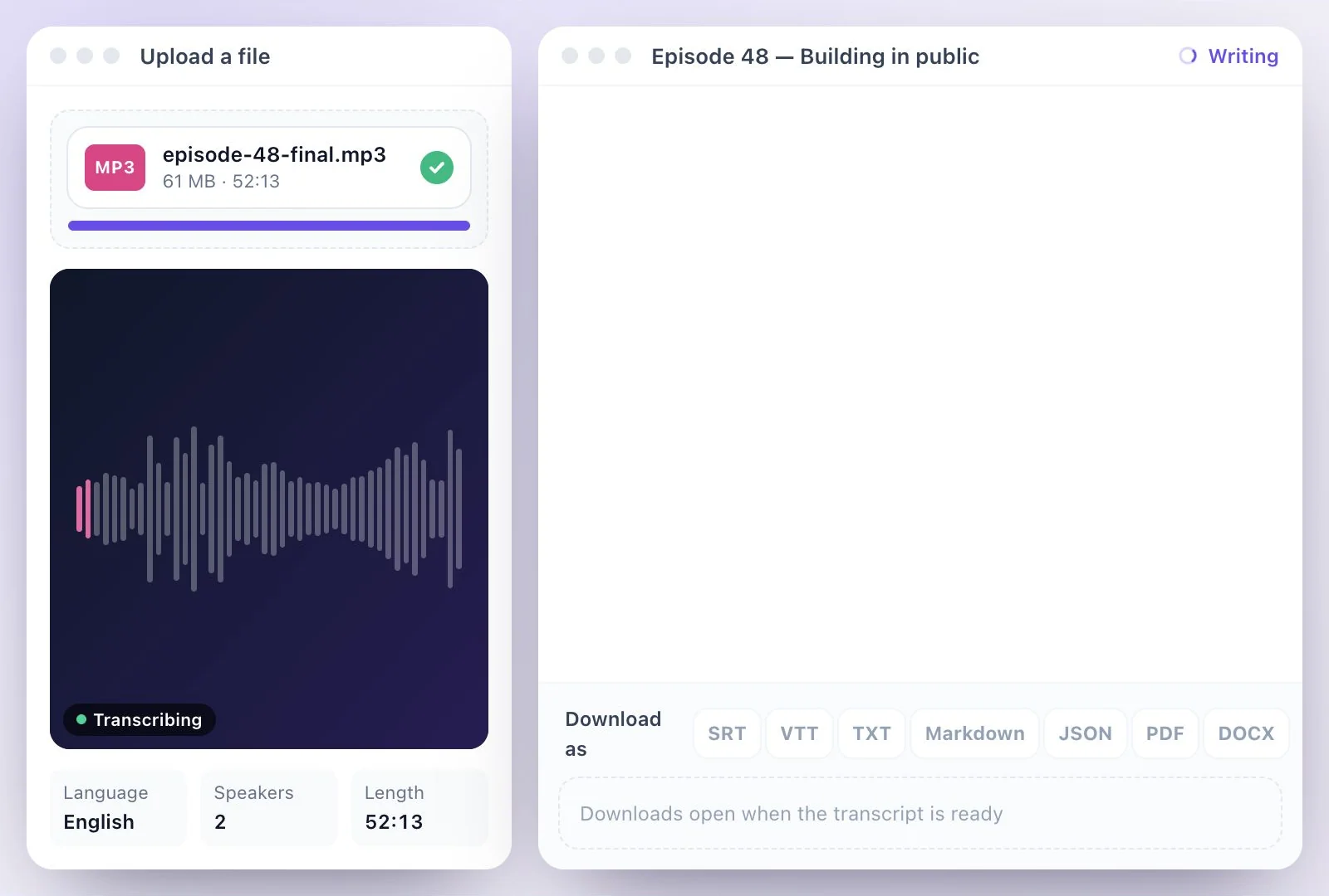 An MP3 episode uploading to Exemplary AI, drawn as its waveform