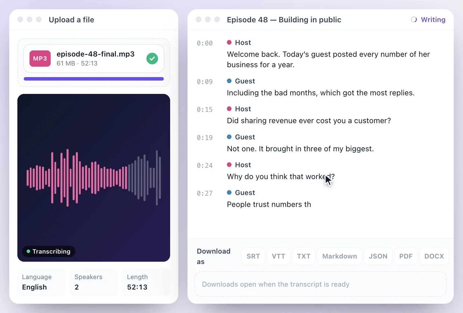 The episode transcript with Host and Guest labels and timestamps