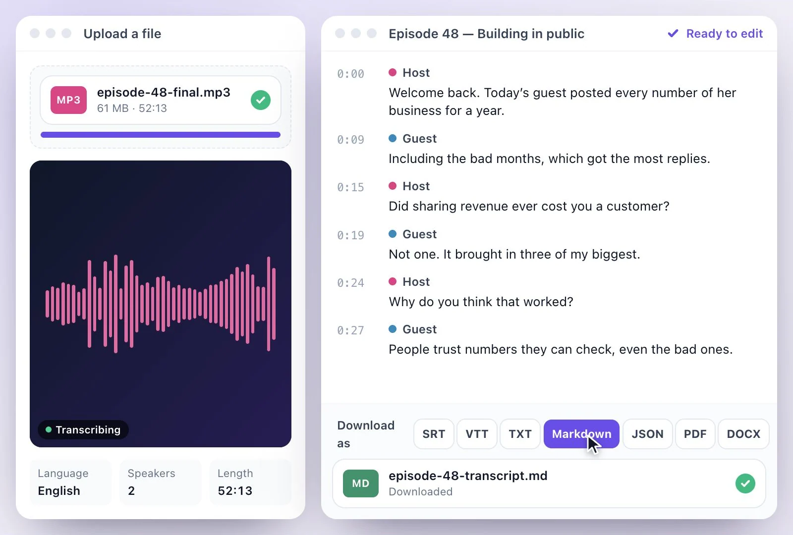 The transcript download menu with Markdown picked and the file saved