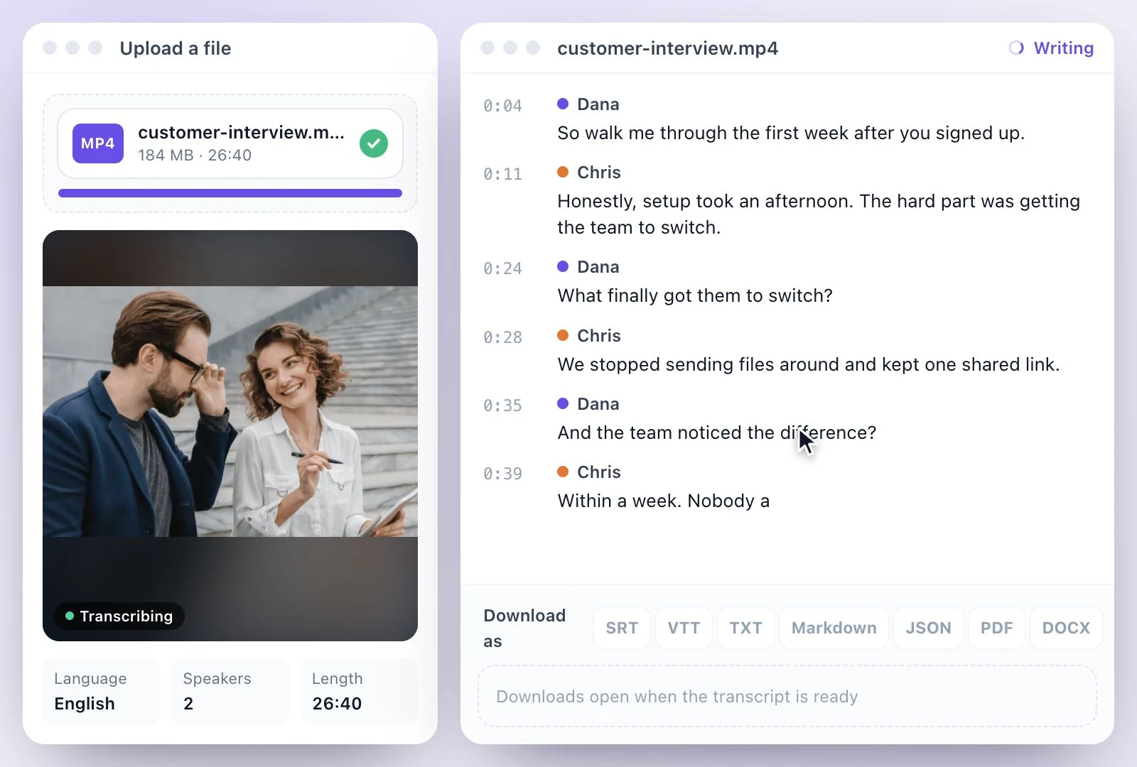 The interview transcript appearing line by line, with timestamps and speaker names
