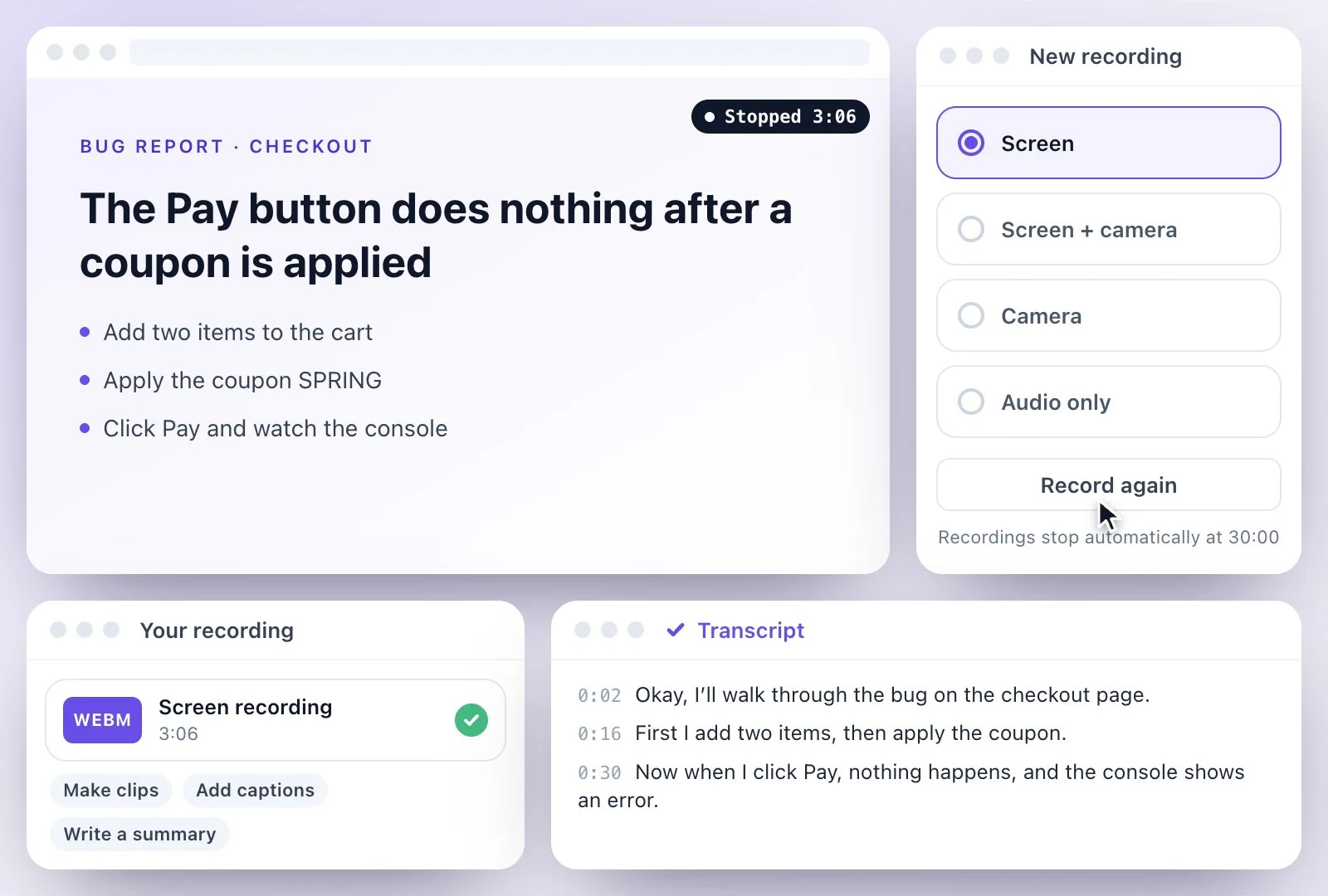 A finished screen recording with its transcript