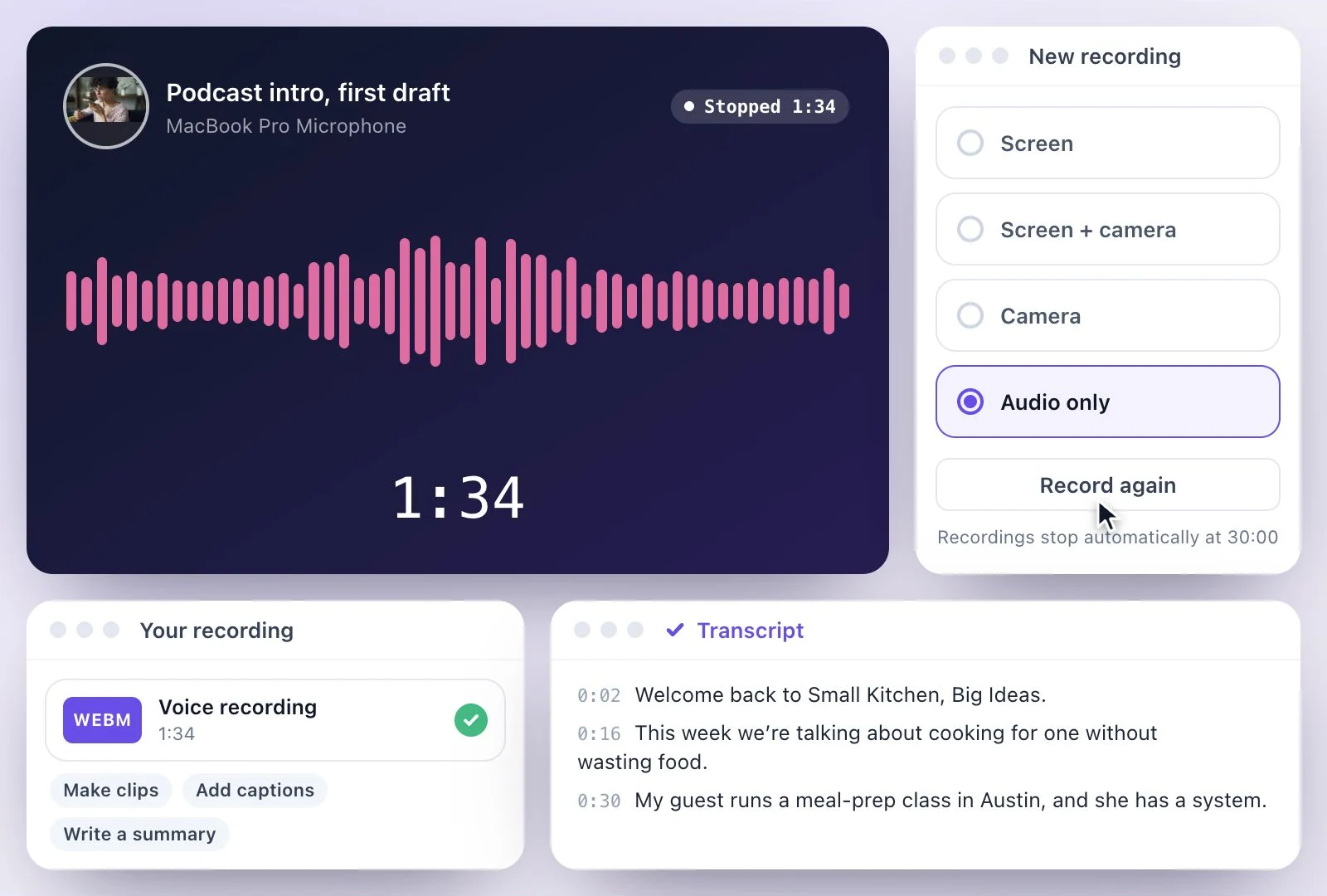 A finished voice recording with its transcript