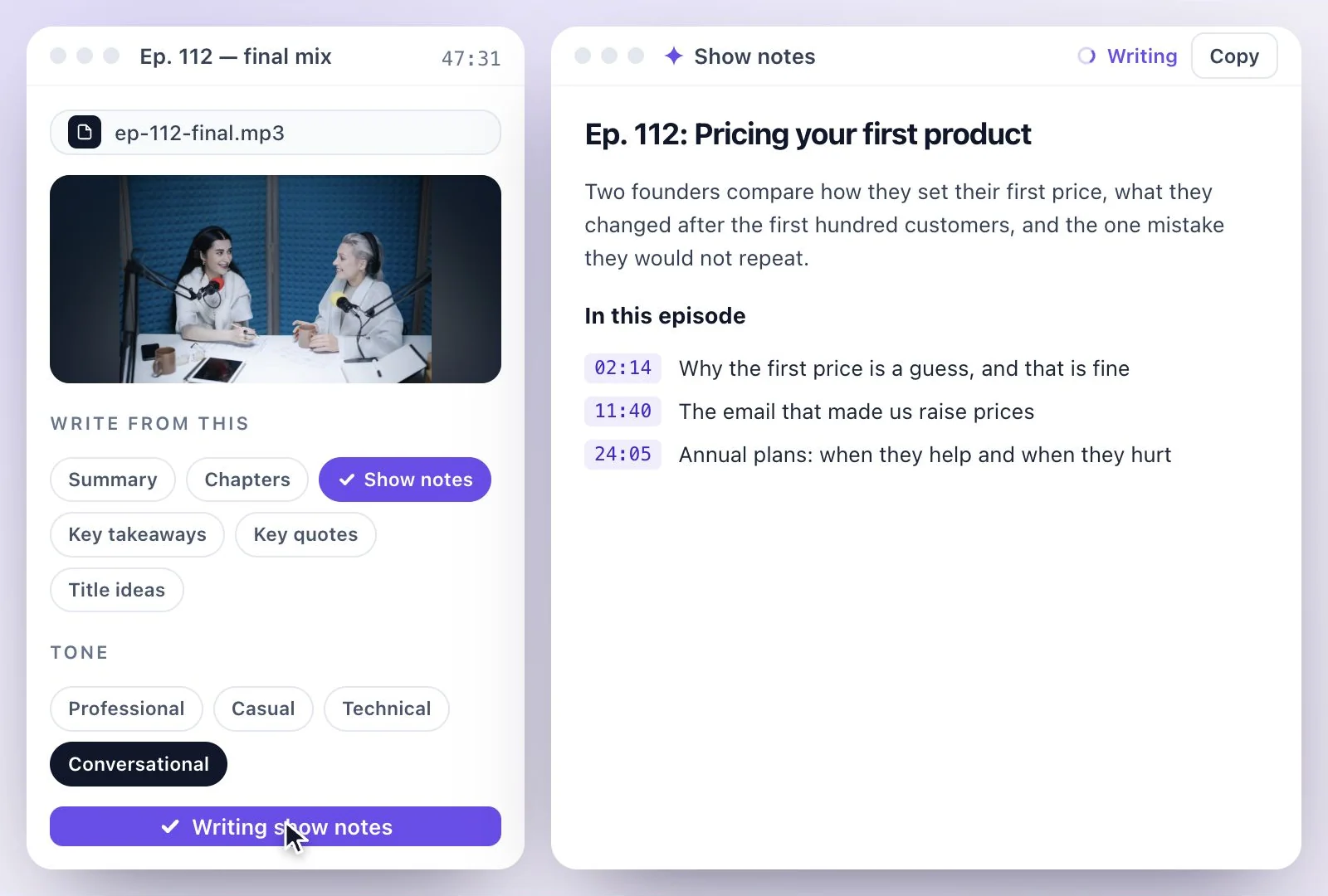 The written content options in Exemplary AI with Show notes and Chapters selected