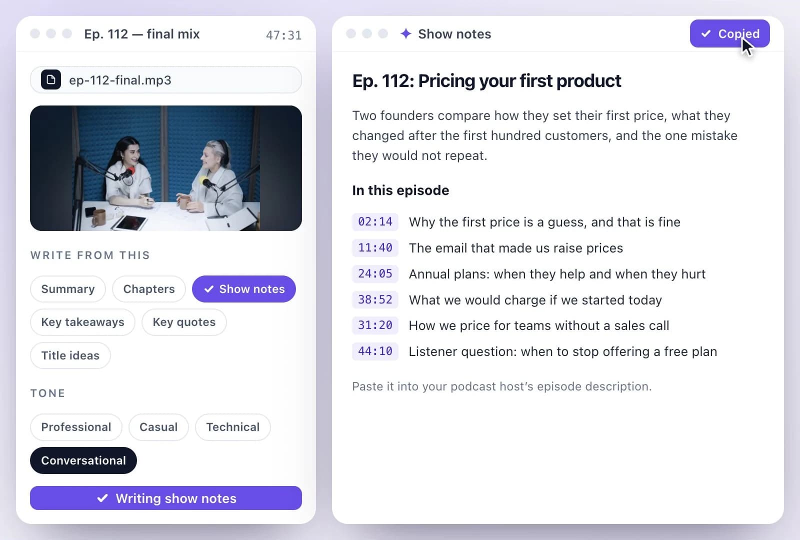 Finished podcast show notes with an episode description and highlights, ready to copy