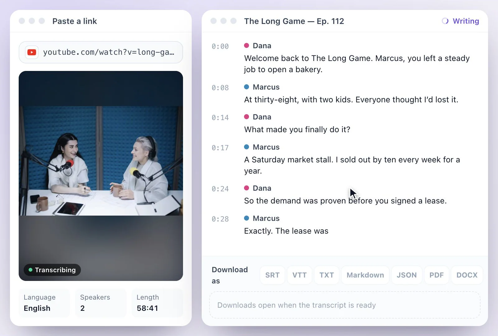 The podcast transcript writing itself, with the host and guest on separate lines