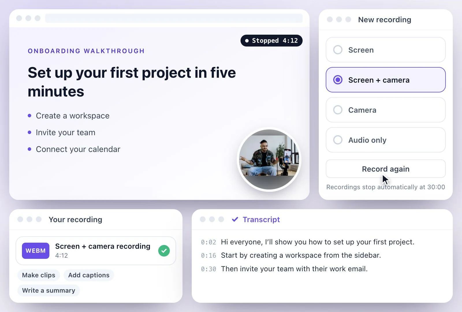 A finished recording with its transcript and options to make clips