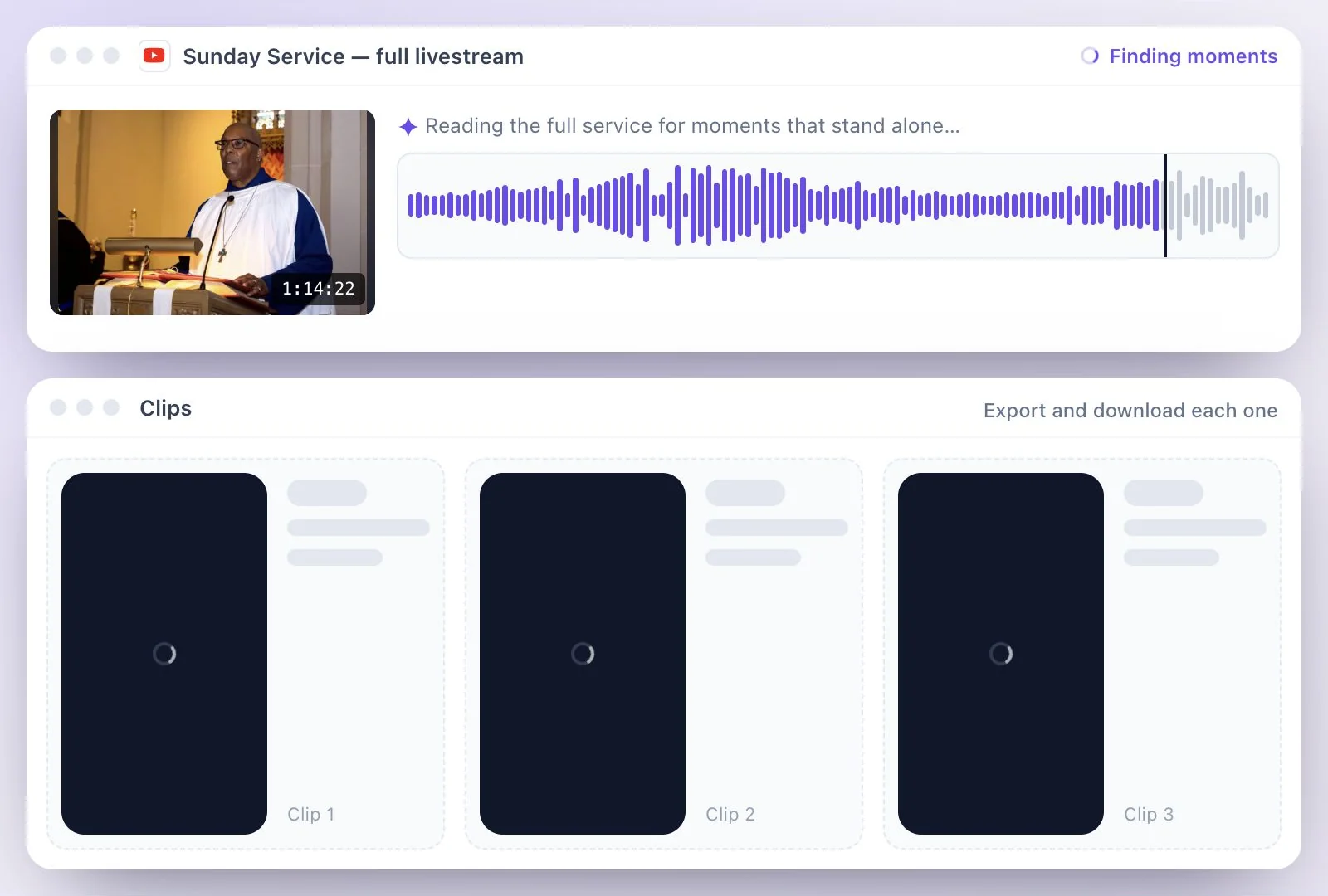 A church service livestream link pasted into AI Clips