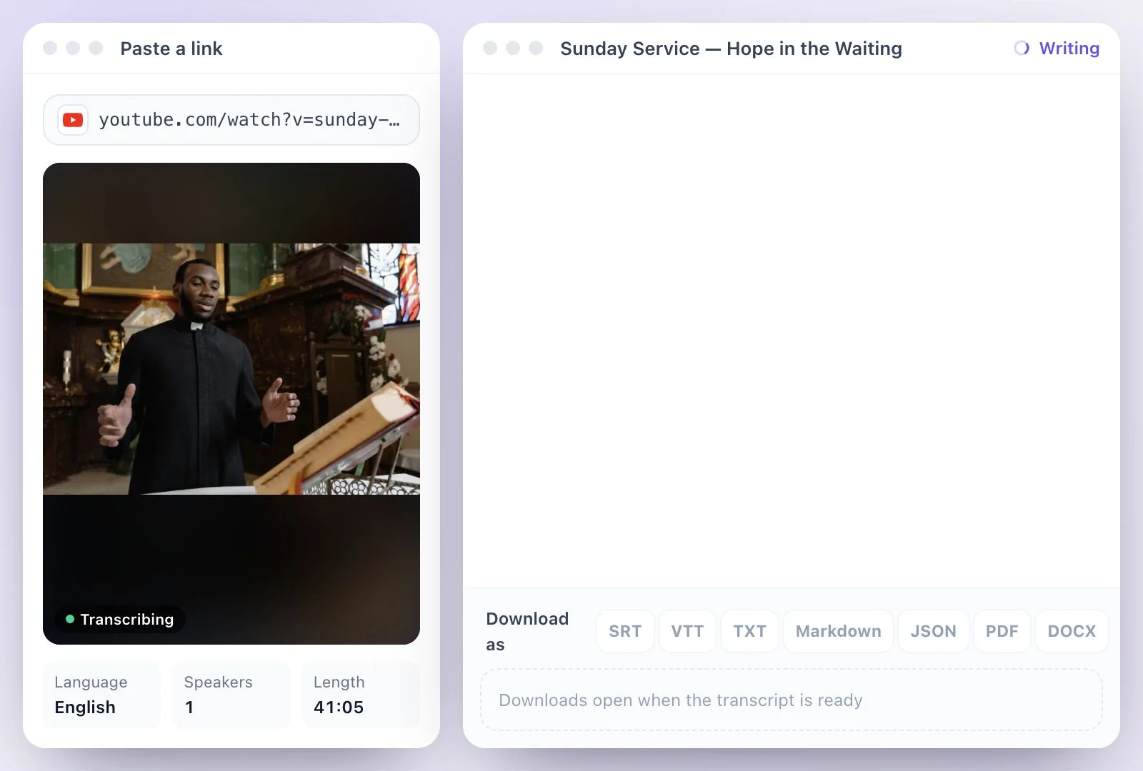 A sermon livestream on YouTube added to Exemplary AI by its link