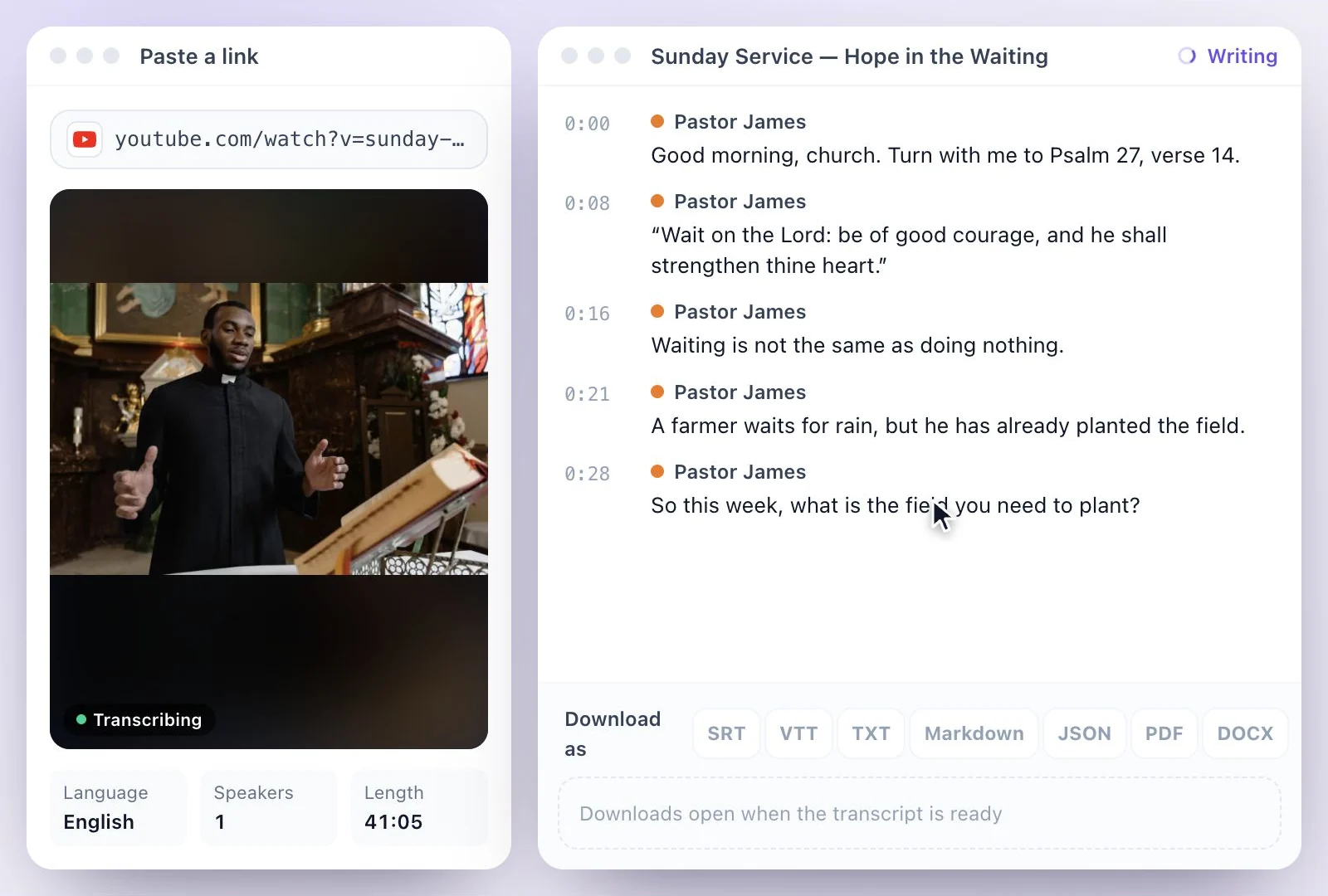 The sermon transcript appearing line by line with timestamps