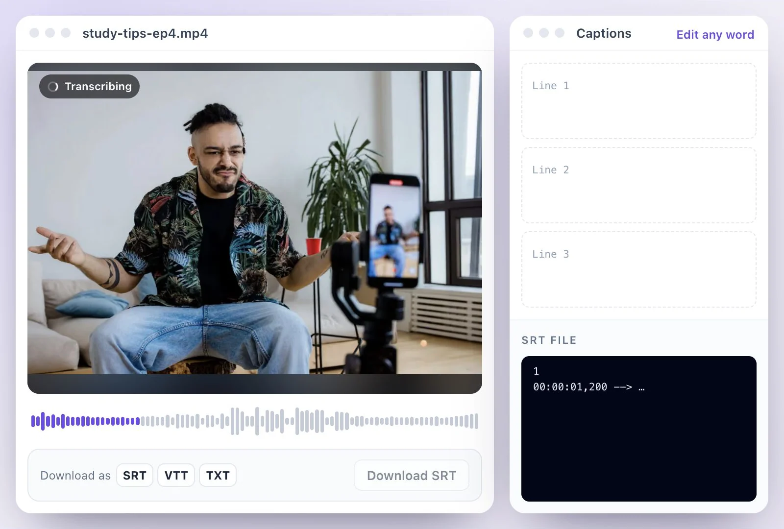 A talking-head video being transcribed in Exemplary AI