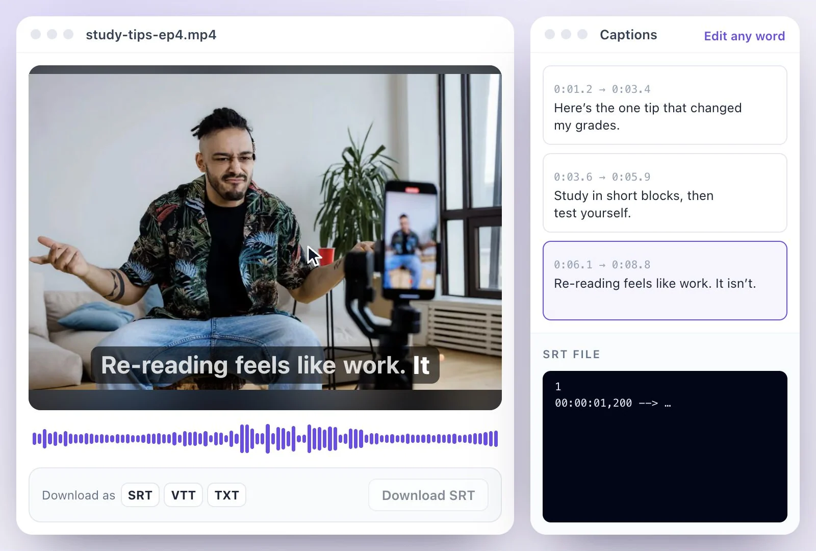 Timed captions on the video, with the start and end of each line in the list