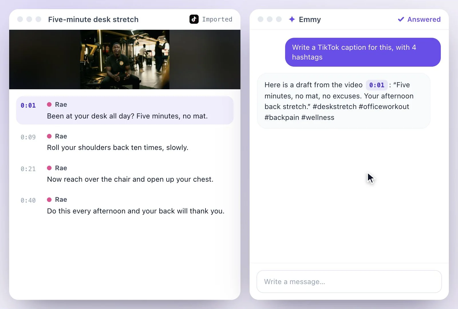 Emmy drafting a TikTok caption with hashtags from the transcript