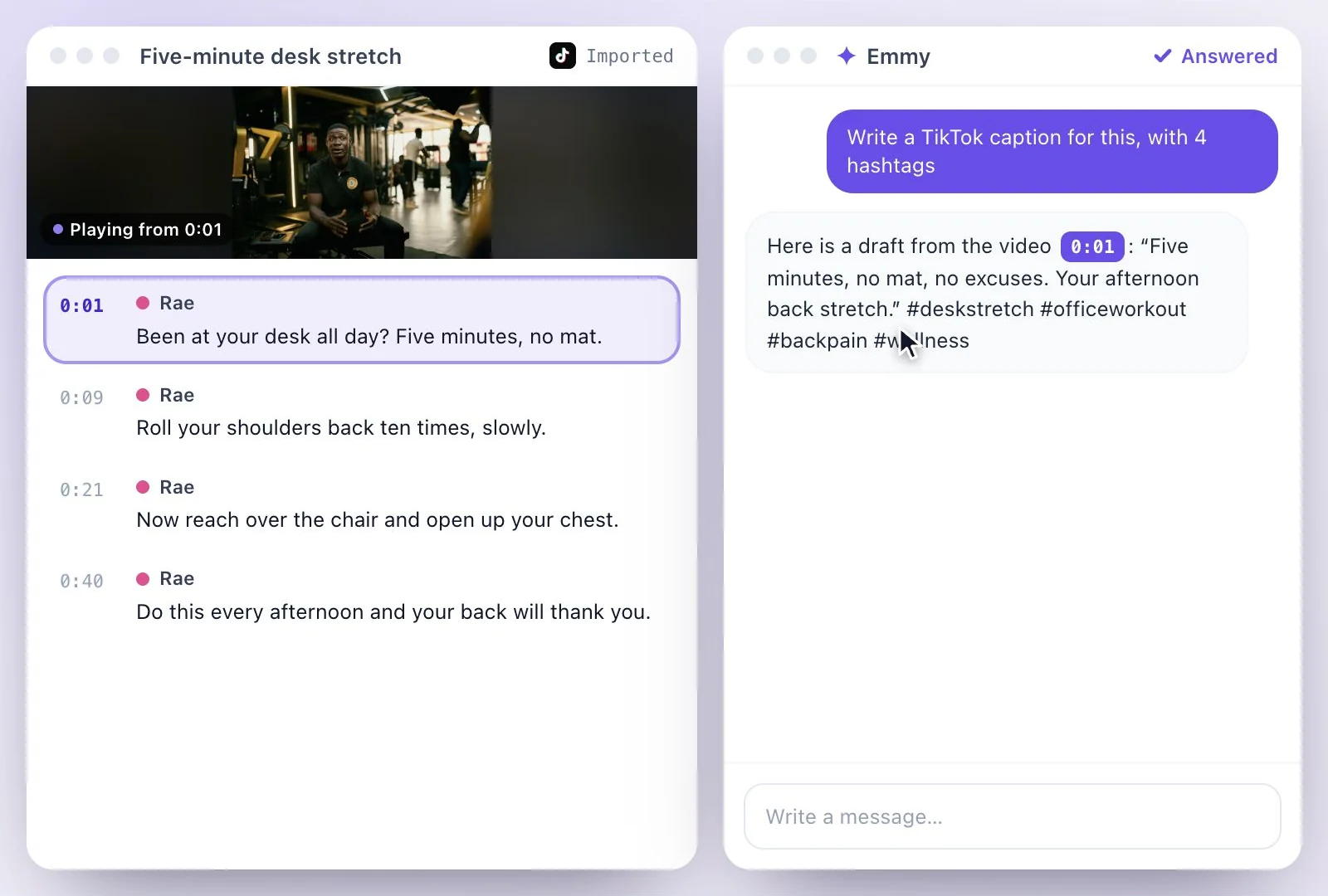 A finished TikTok caption with hashtags, next to the transcript it came from