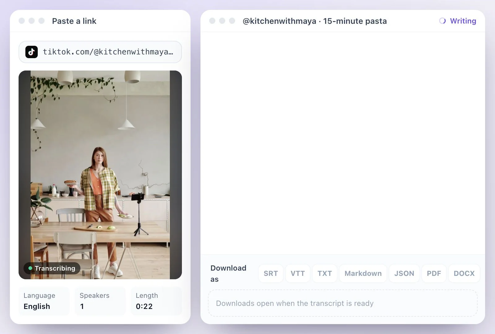 A TikTok link pasted into Exemplary AI beside the vertical video