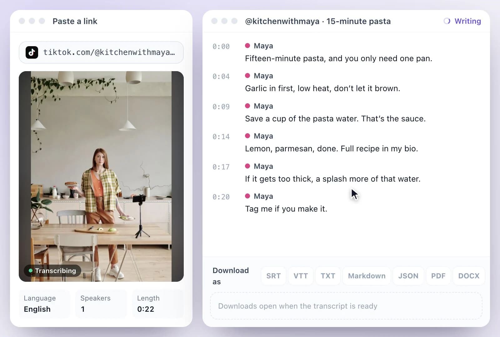 The words of the TikTok video transcribed line by line with timestamps