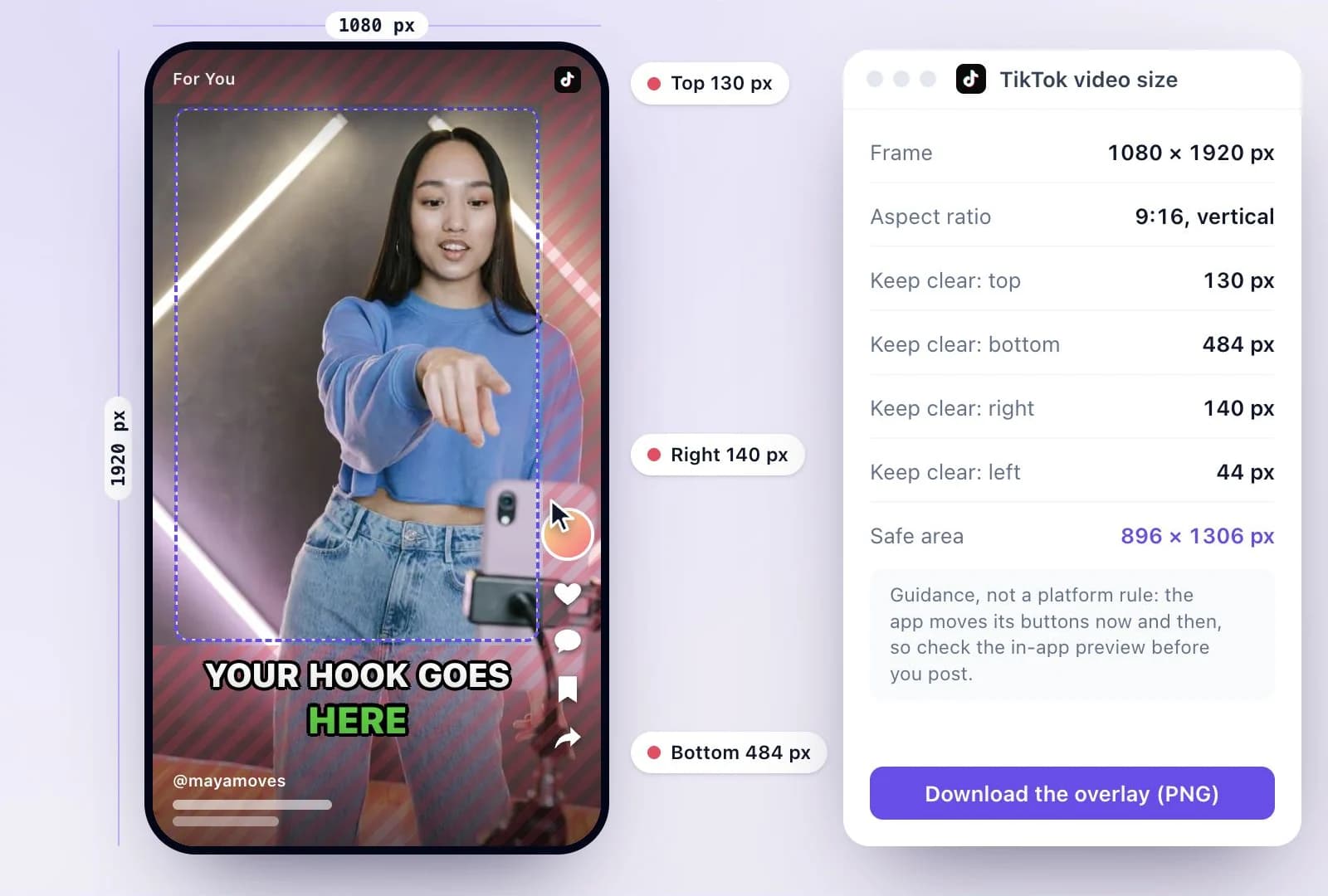 TikTok's buttons and caption over a vertical video, with the covered margins hatched