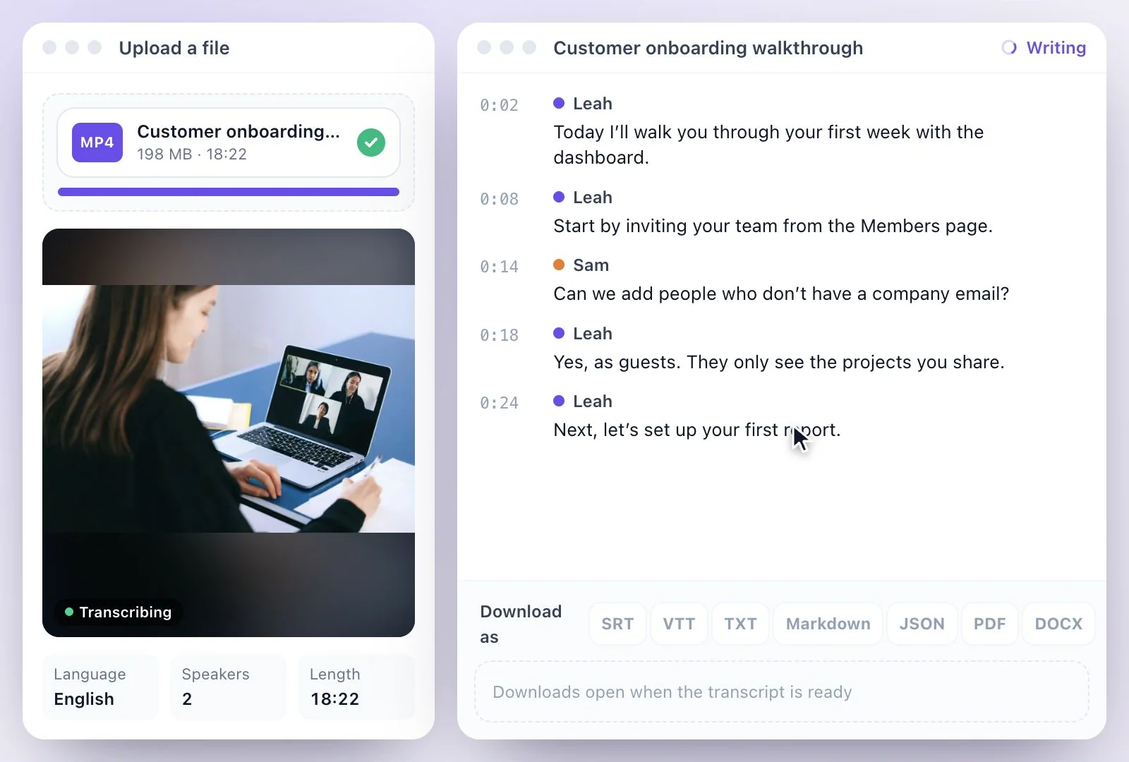 The video transcript appearing line by line with speakers
