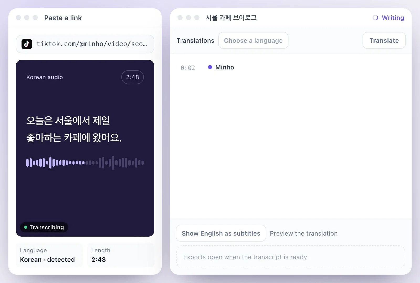A Korean recording added, with its language detected